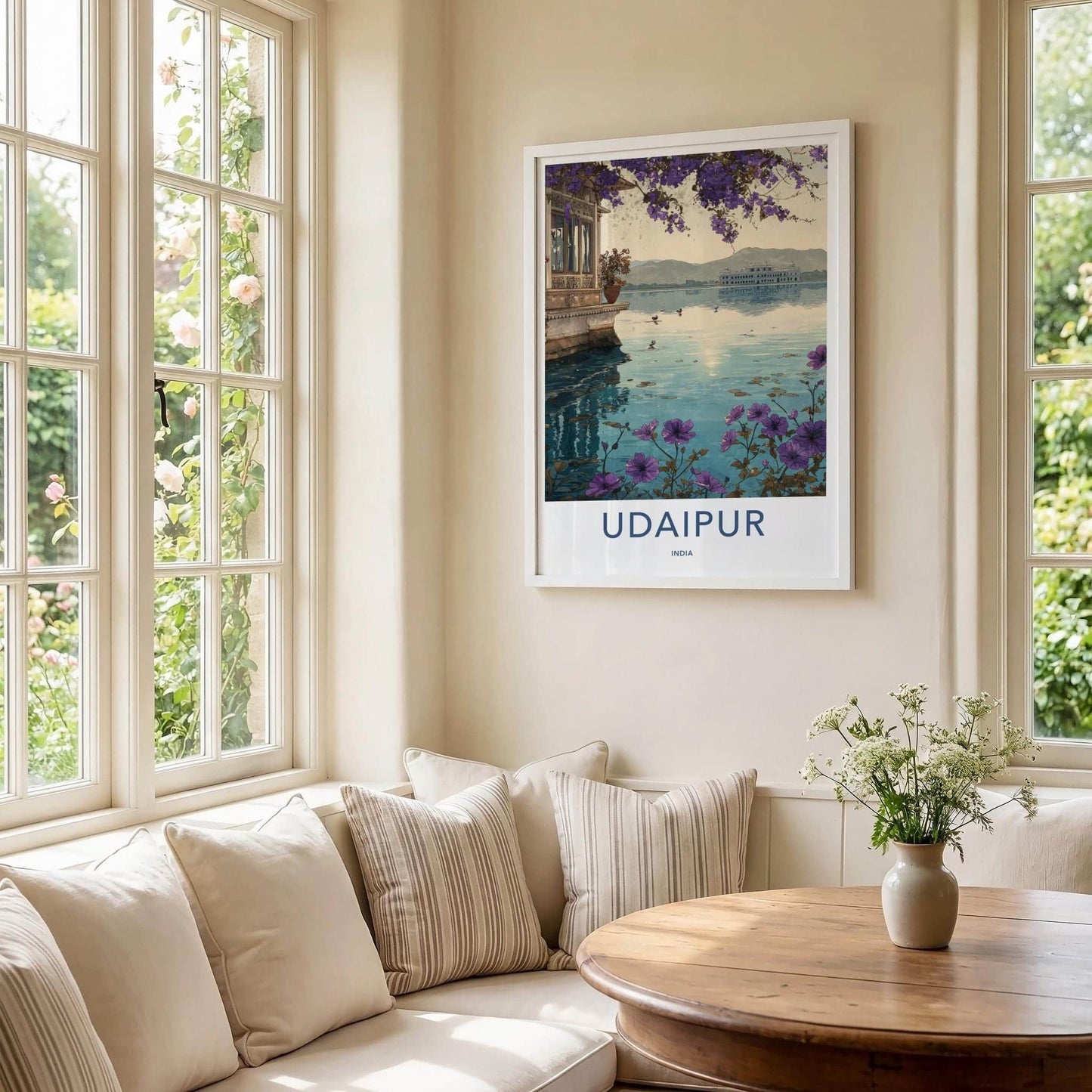 Udaipur Poster - India Travel Art - Rajasthan Lake Palace Flowers Home Decor