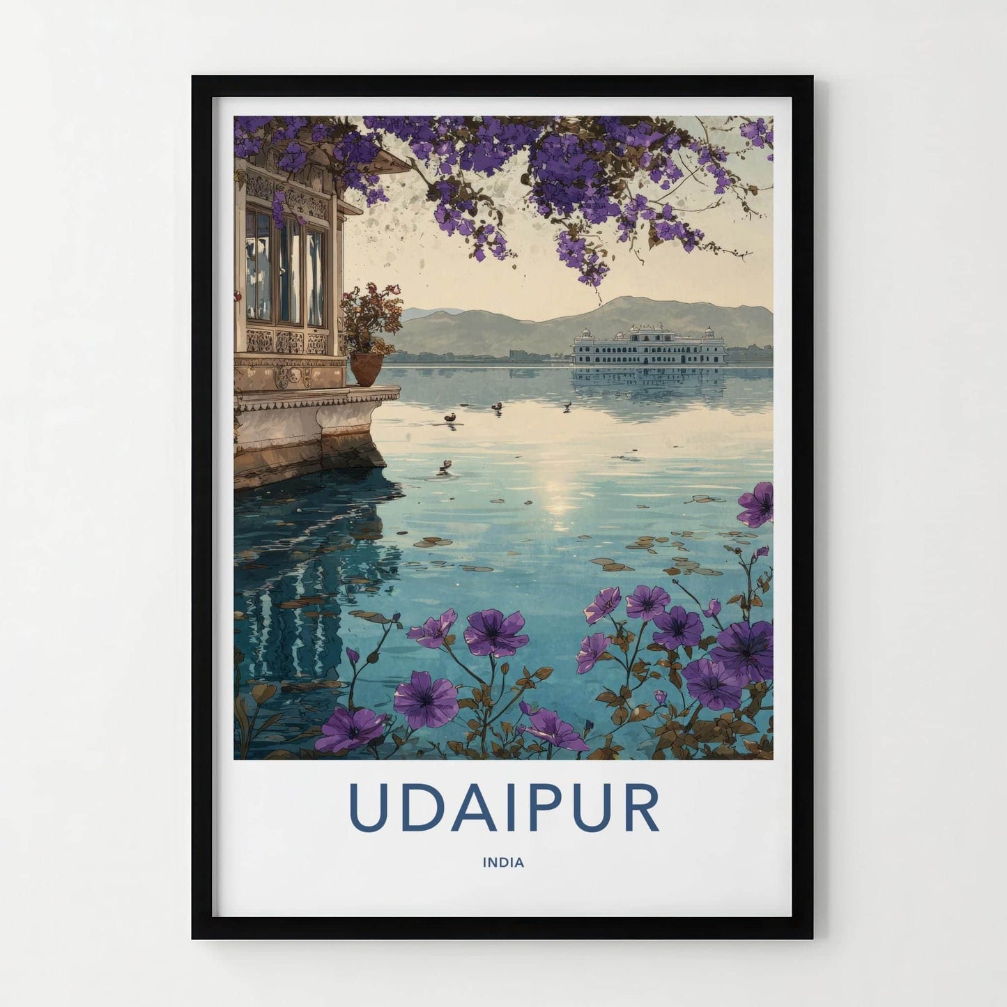 Udaipur Poster - India Travel Art - Rajasthan Lake Palace Flowers Home Decor