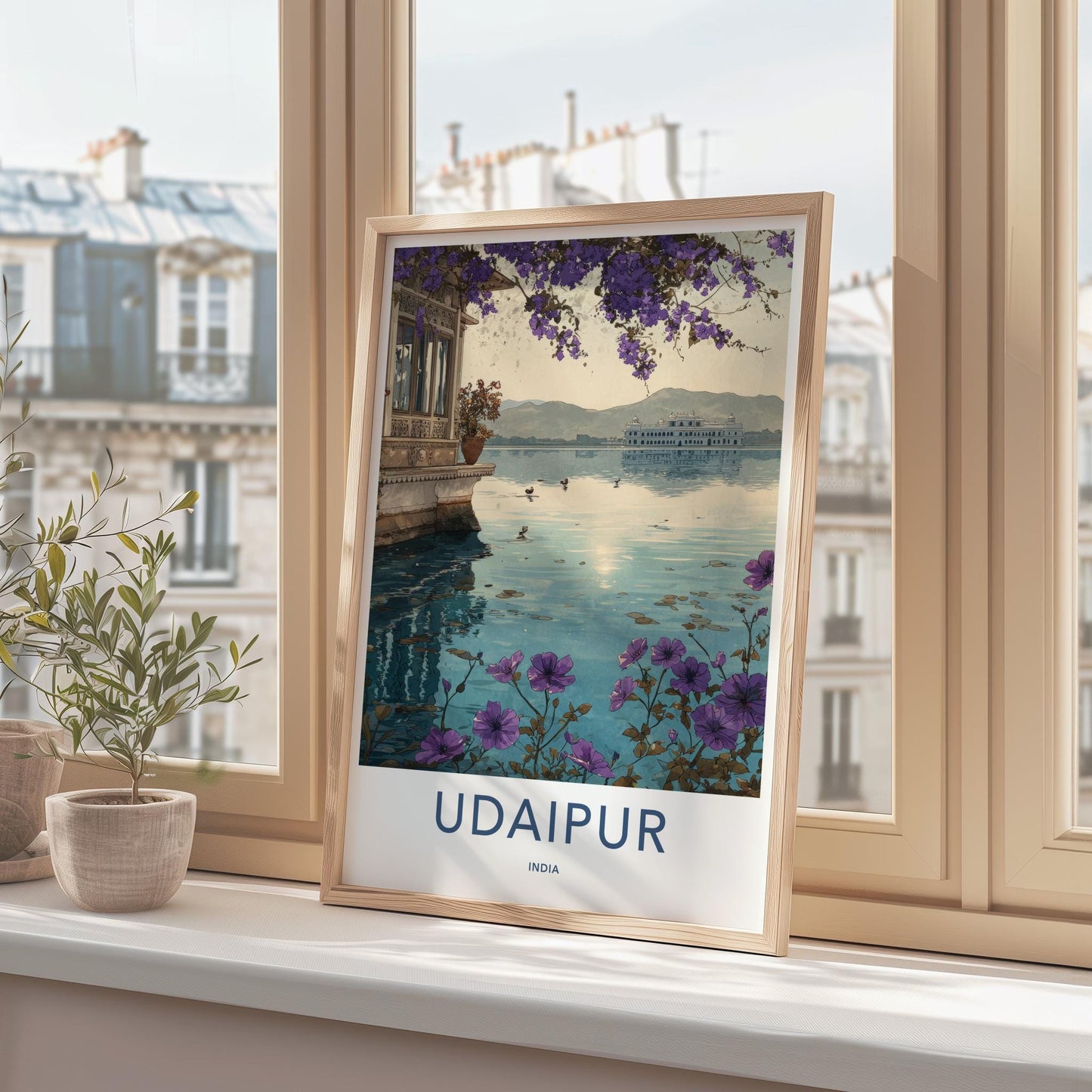 Udaipur Poster - India Travel Art - Rajasthan Lake Palace Flowers Home Decor