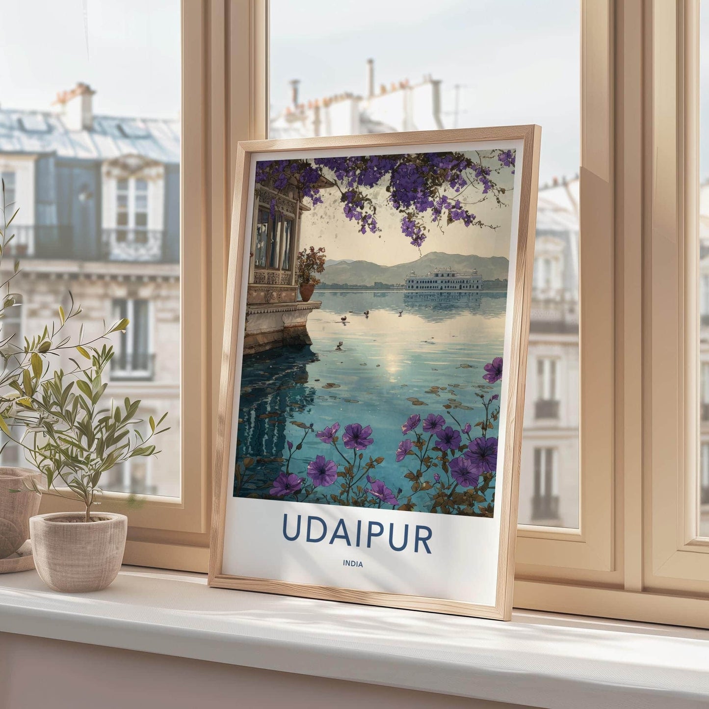 Udaipur Poster - India Travel Art - Rajasthan Lake Palace Flowers Home Decor
