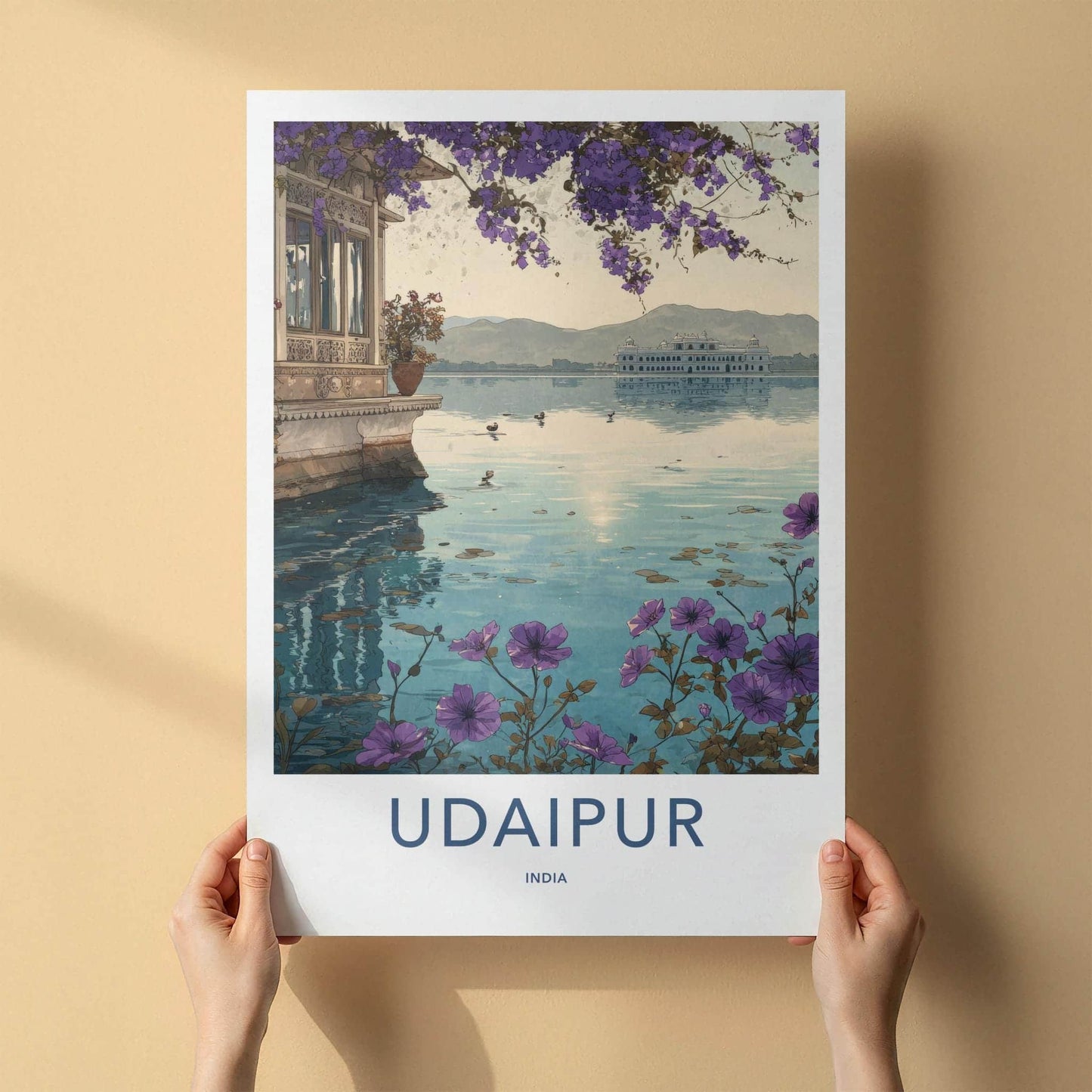 Udaipur Poster - India Travel Art - Rajasthan Lake Palace Flowers Home Decor