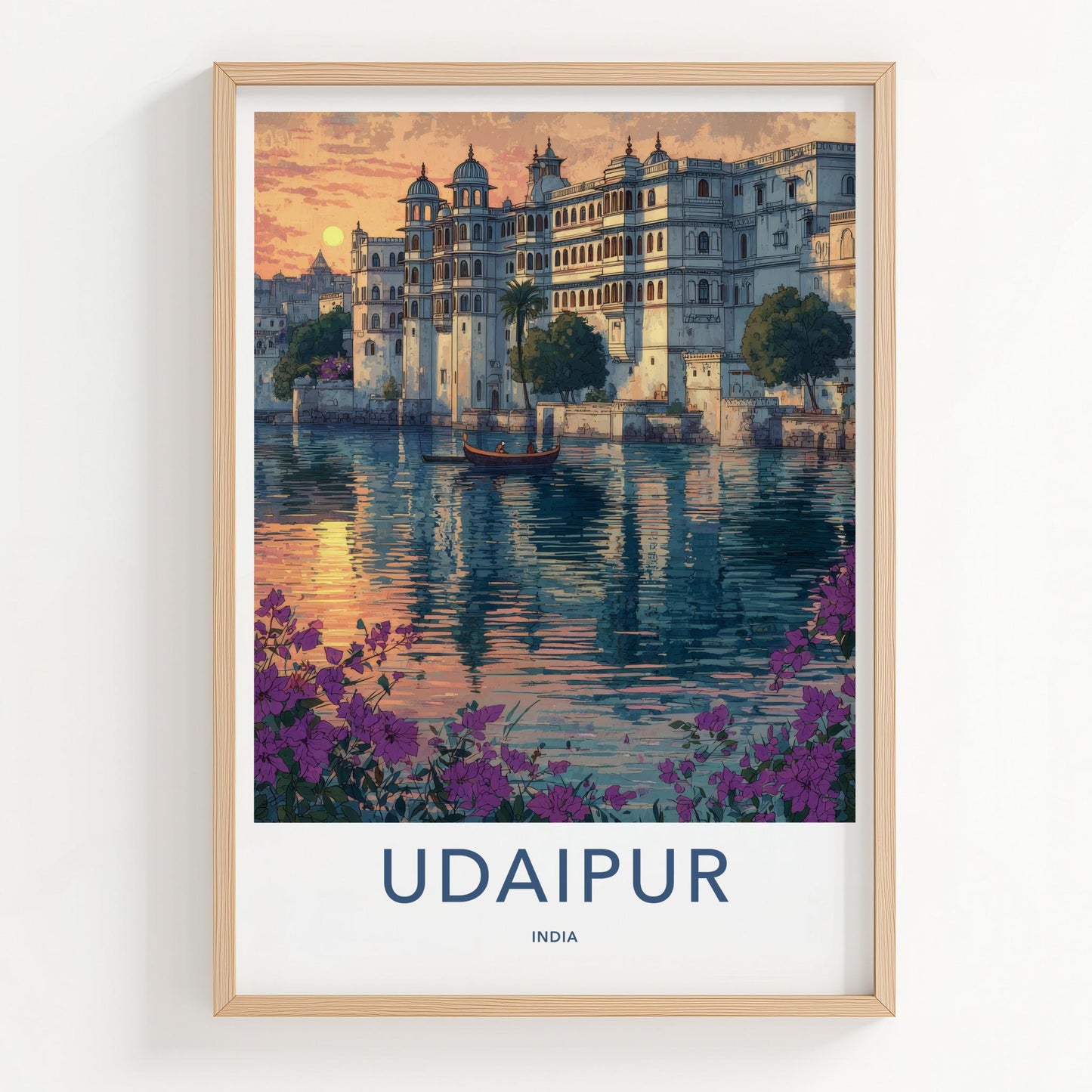 Udaipur Poster - India Travel Art - Rajasthan Lake Palace Sunset Home Decor