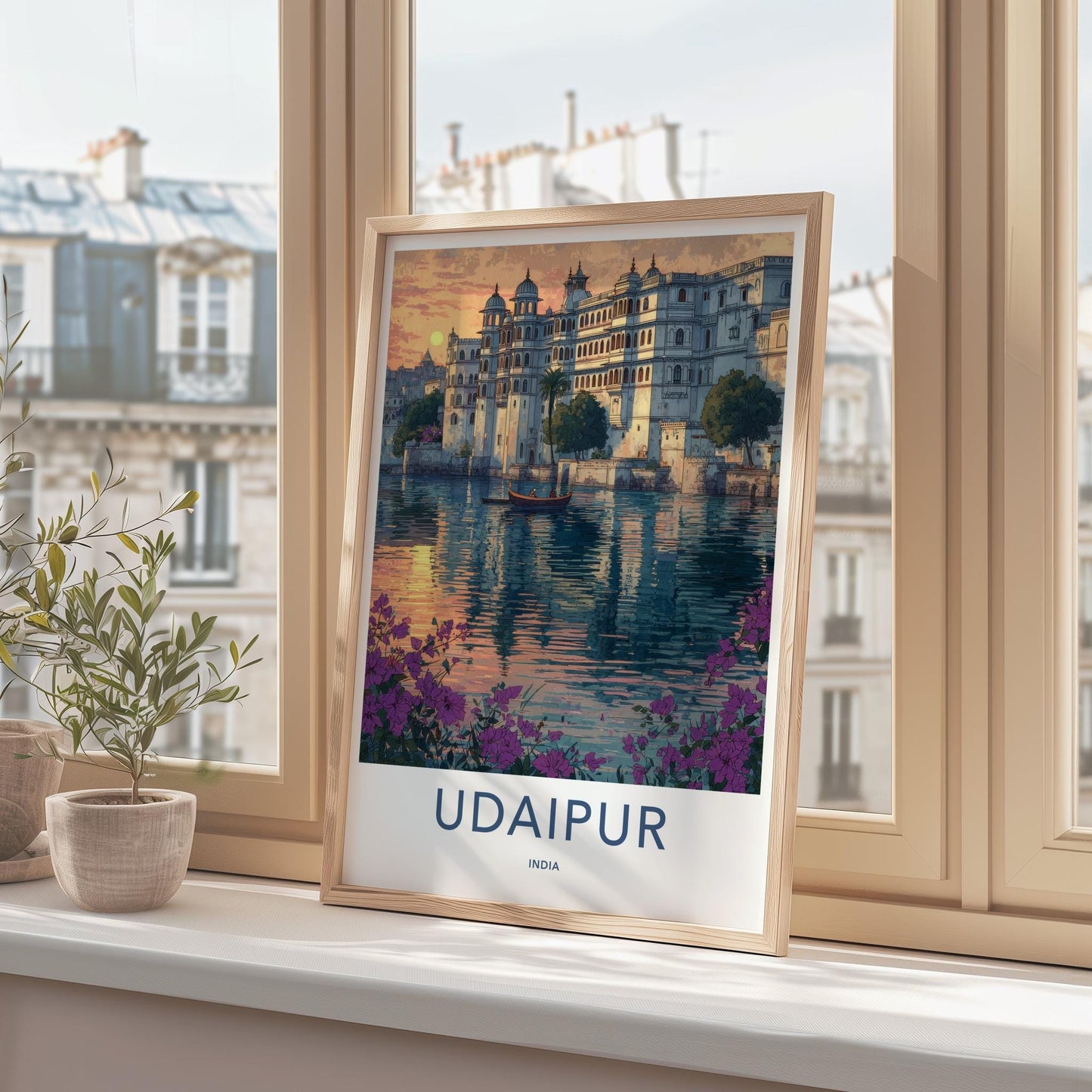 Udaipur Poster - India Travel Art - Rajasthan Lake Palace Sunset Home Decor