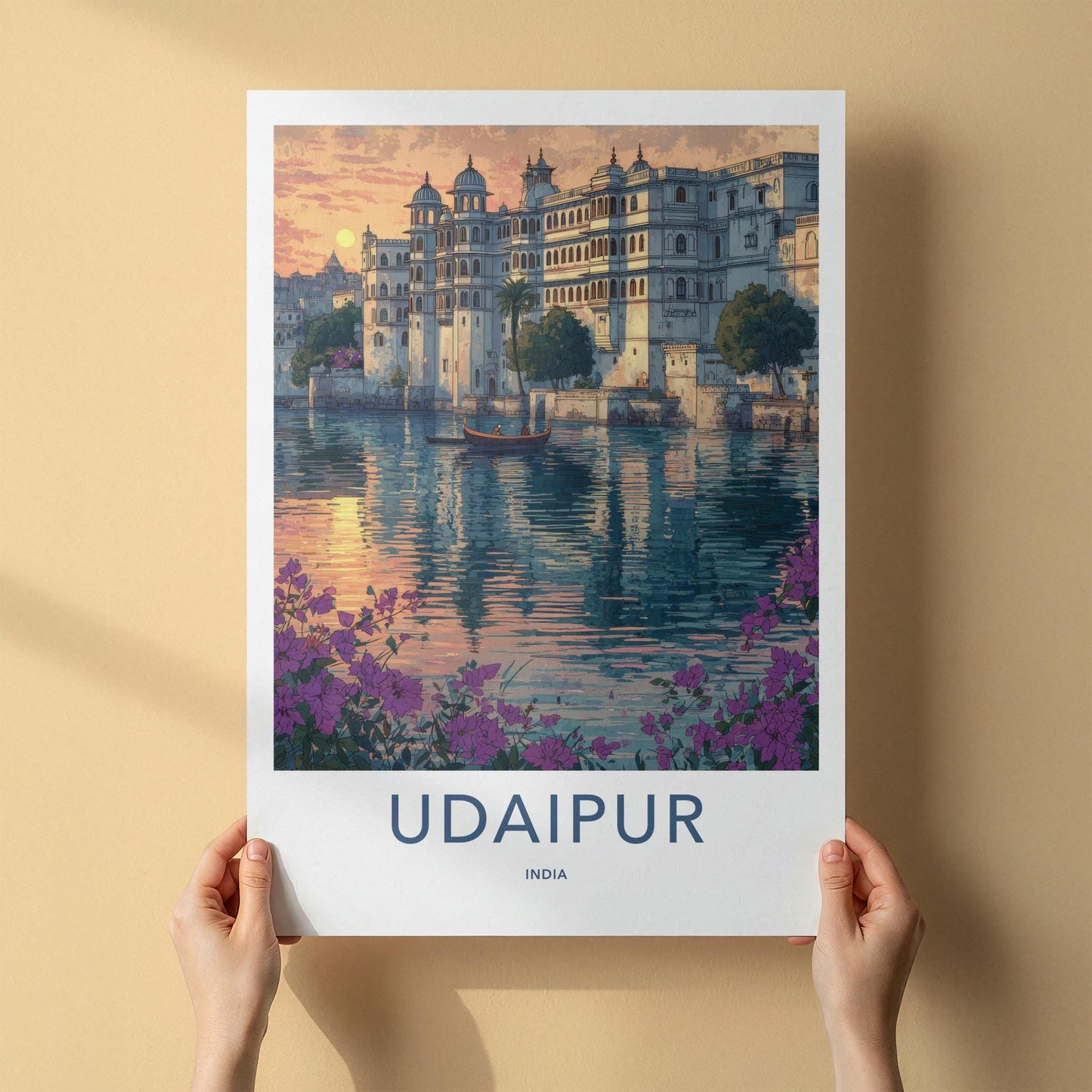Udaipur Poster - India Travel Art - Rajasthan Lake Palace Sunset Home Decor