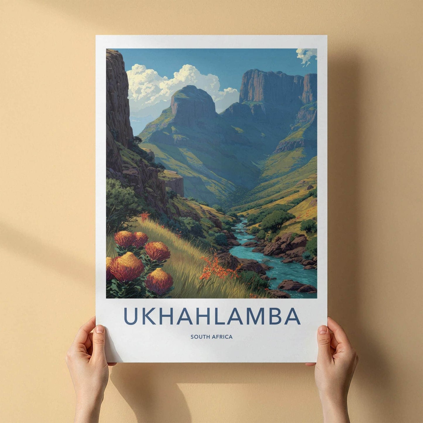 Ukhahlamba Poster - South Africa Travel Art - Dramatic Peaks River Wall Decor
