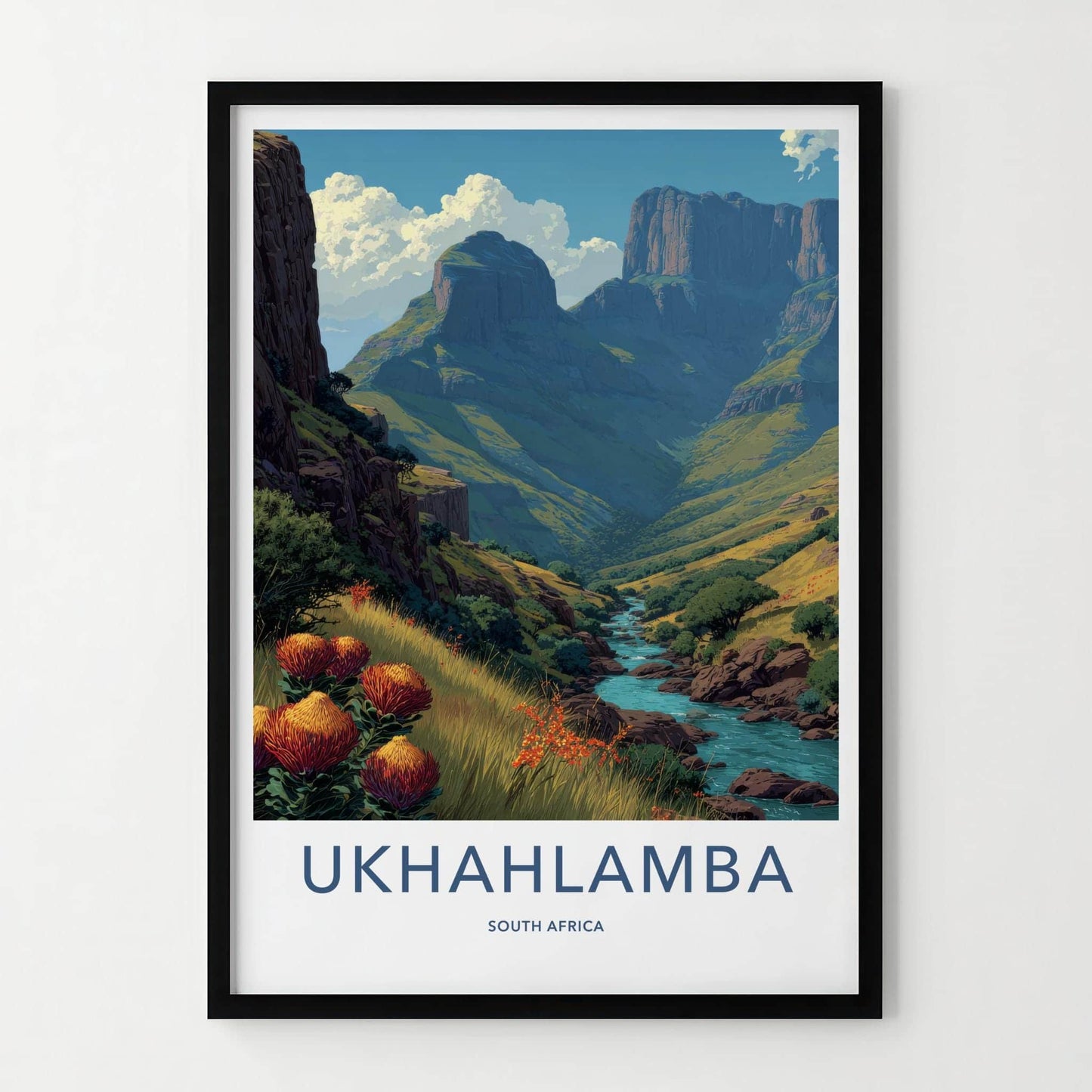 Ukhahlamba Poster - South Africa Travel Art - Dramatic Peaks River Wall Decor
