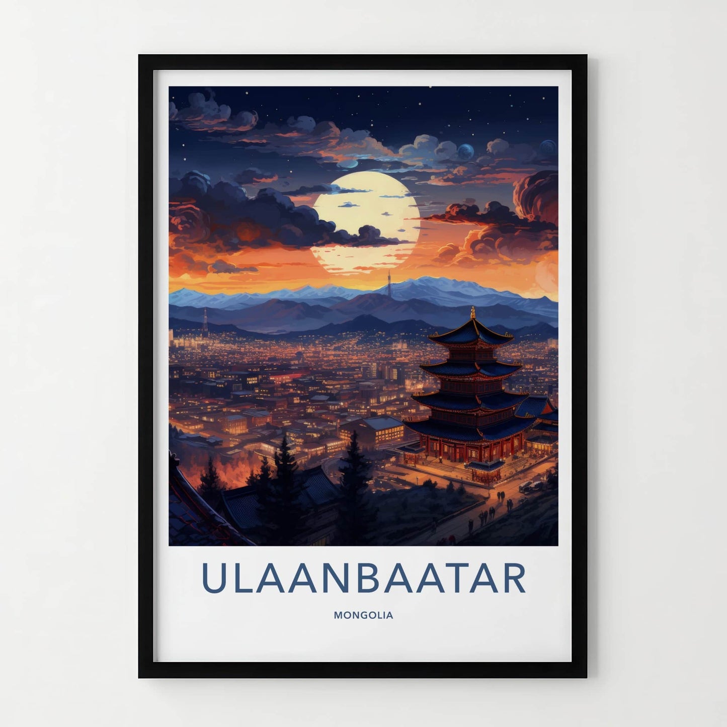 Ulaanbaatar Poster - Mongolia Travel Art - Moonlit Temple City Home Decor