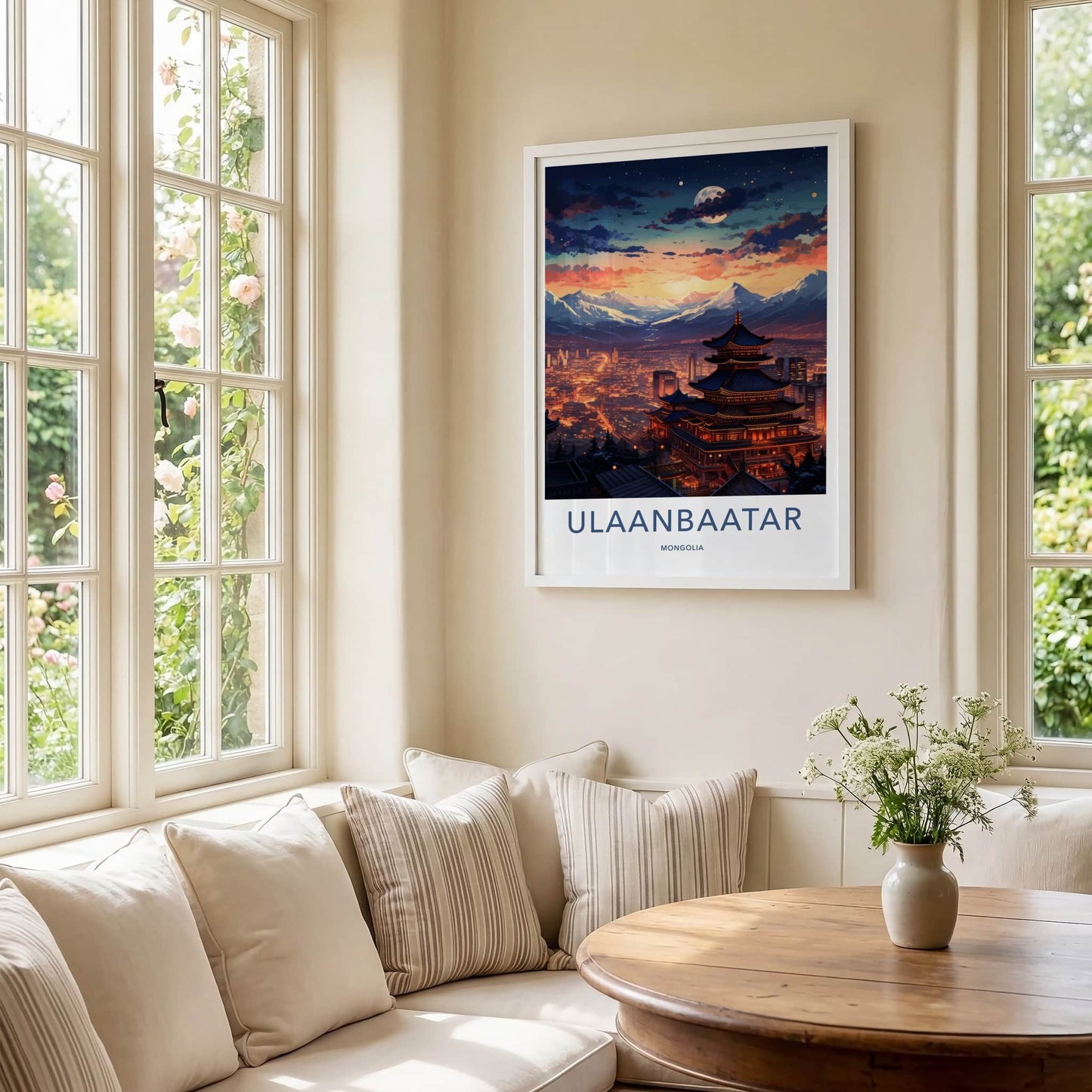 Ulaanbaatar Poster - Mongolia Travel Art - Moonlit Temple City Home Decor