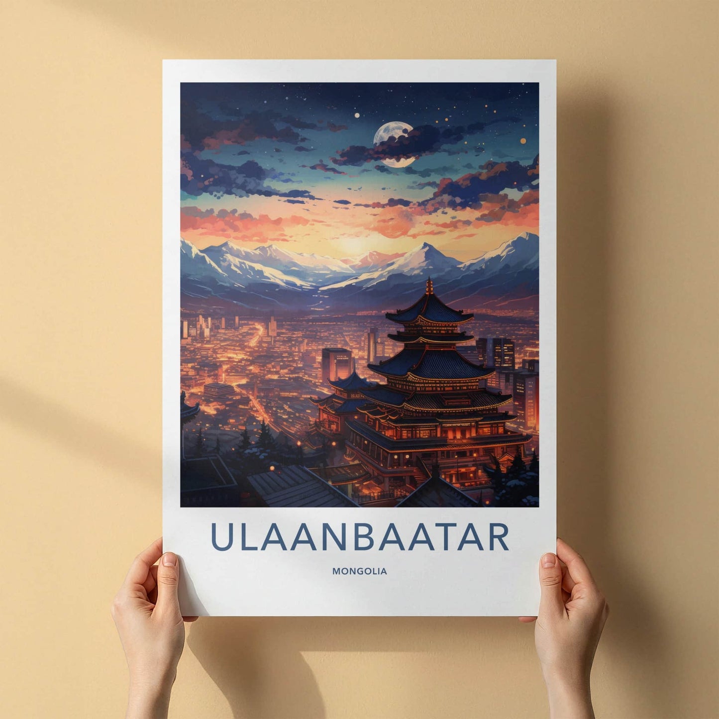 Ulaanbaatar Poster - Mongolia Travel Art - Moonlit Temple City Home Decor