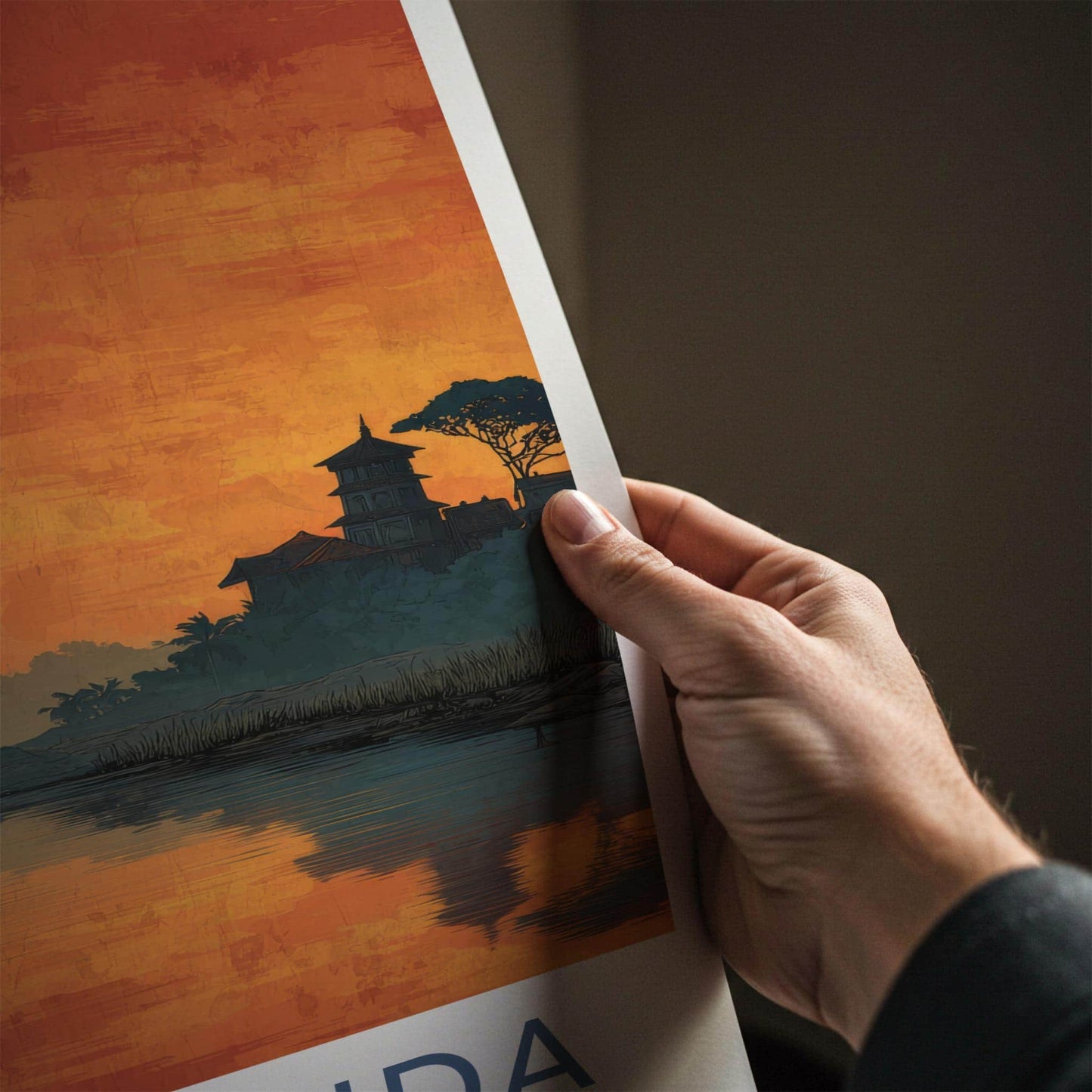 Umananda Poster - India Travel Art - Assam Sunset River Temple Home Decor