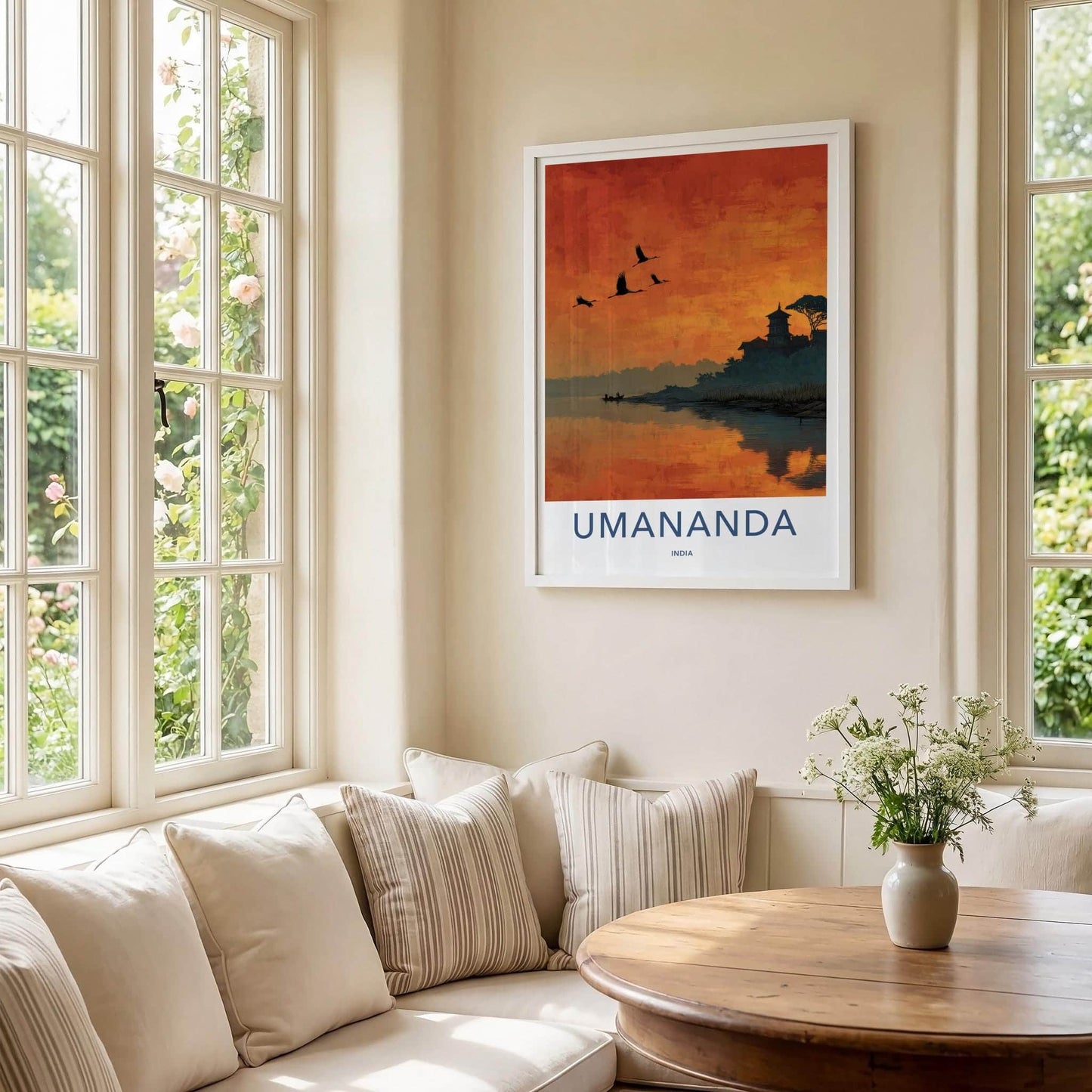 Umananda Poster - India Travel Art - Assam Sunset River Temple Home Decor