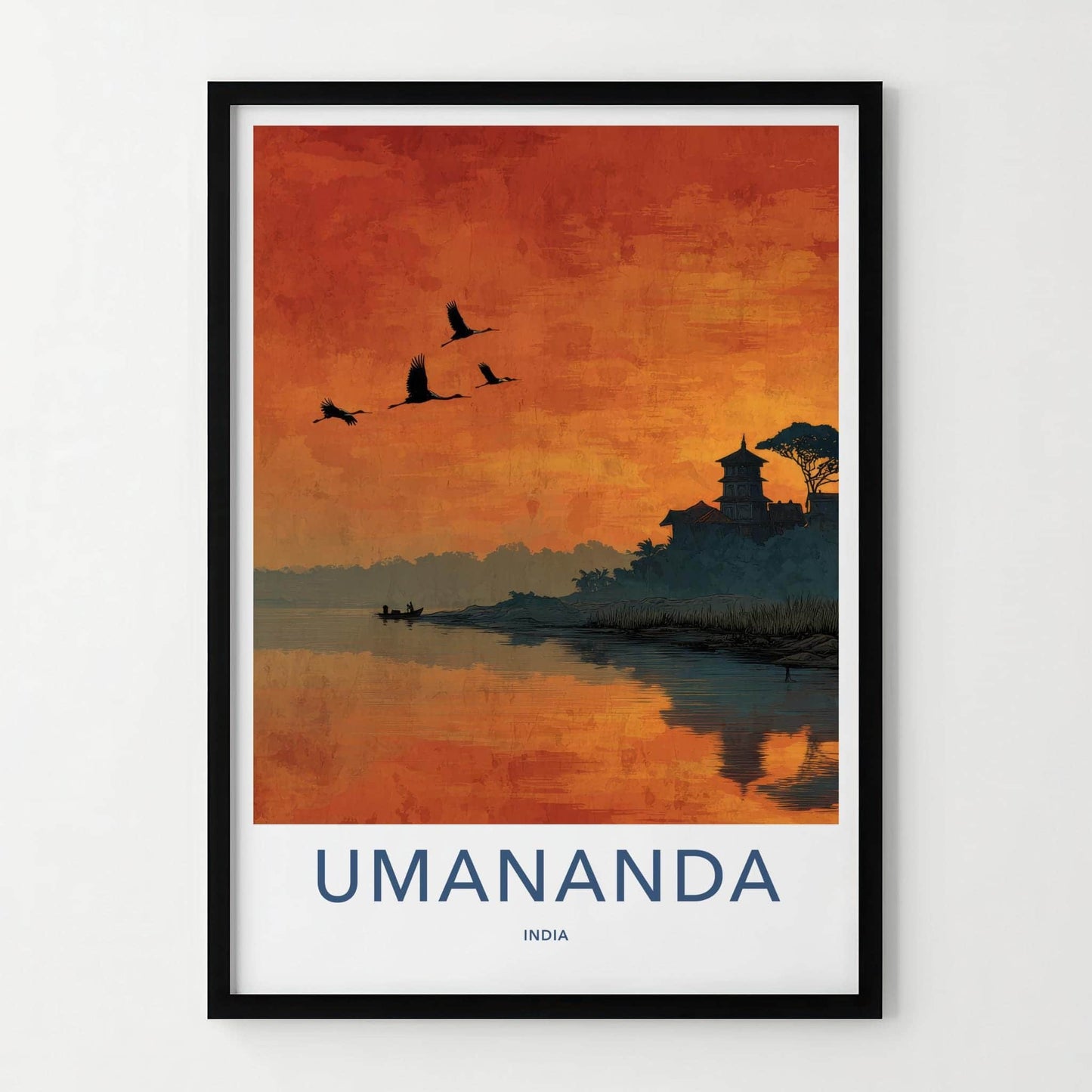 Umananda Poster - India Travel Art - Assam Sunset River Temple Home Decor