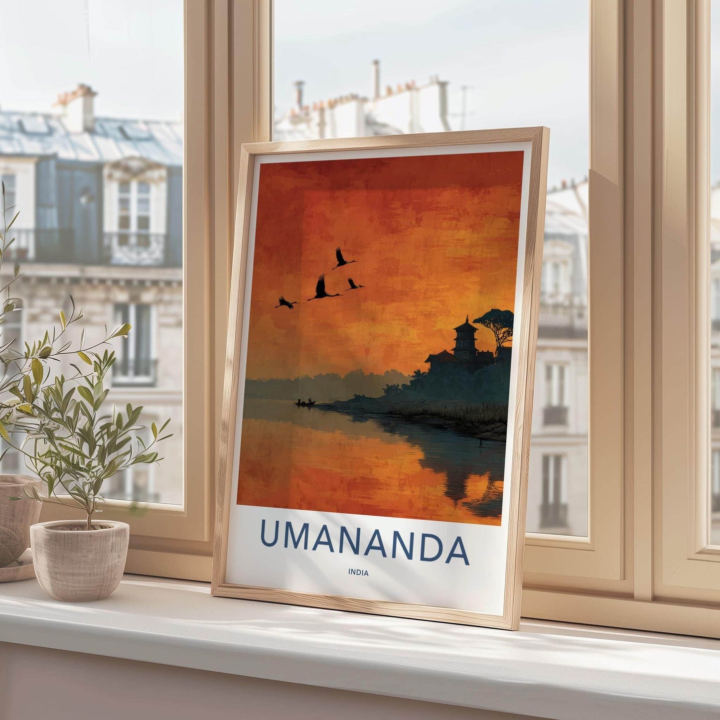 Umananda Poster - India Travel Art - Assam Sunset River Temple Home Decor