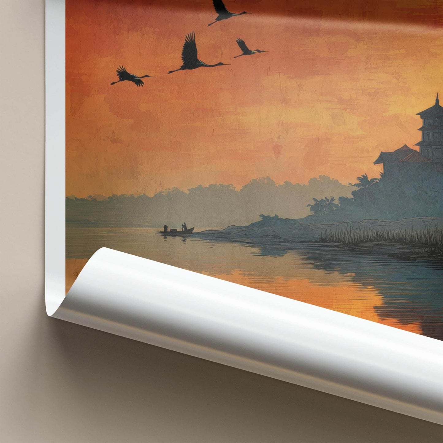 Umananda Poster - India Travel Art - Assam Sunset River Temple Home Decor