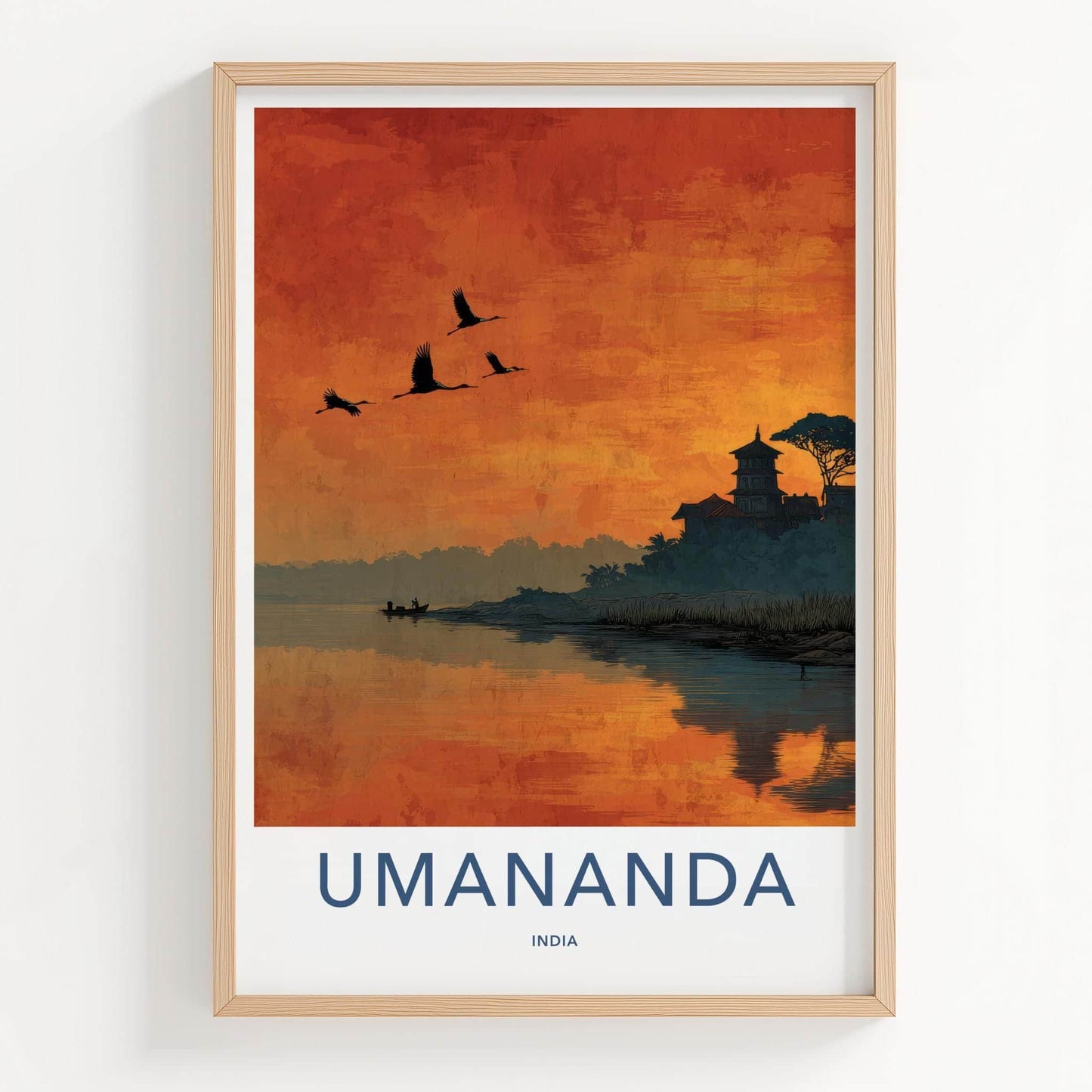 Umananda Poster - India Travel Art - Assam Sunset River Temple Home Decor