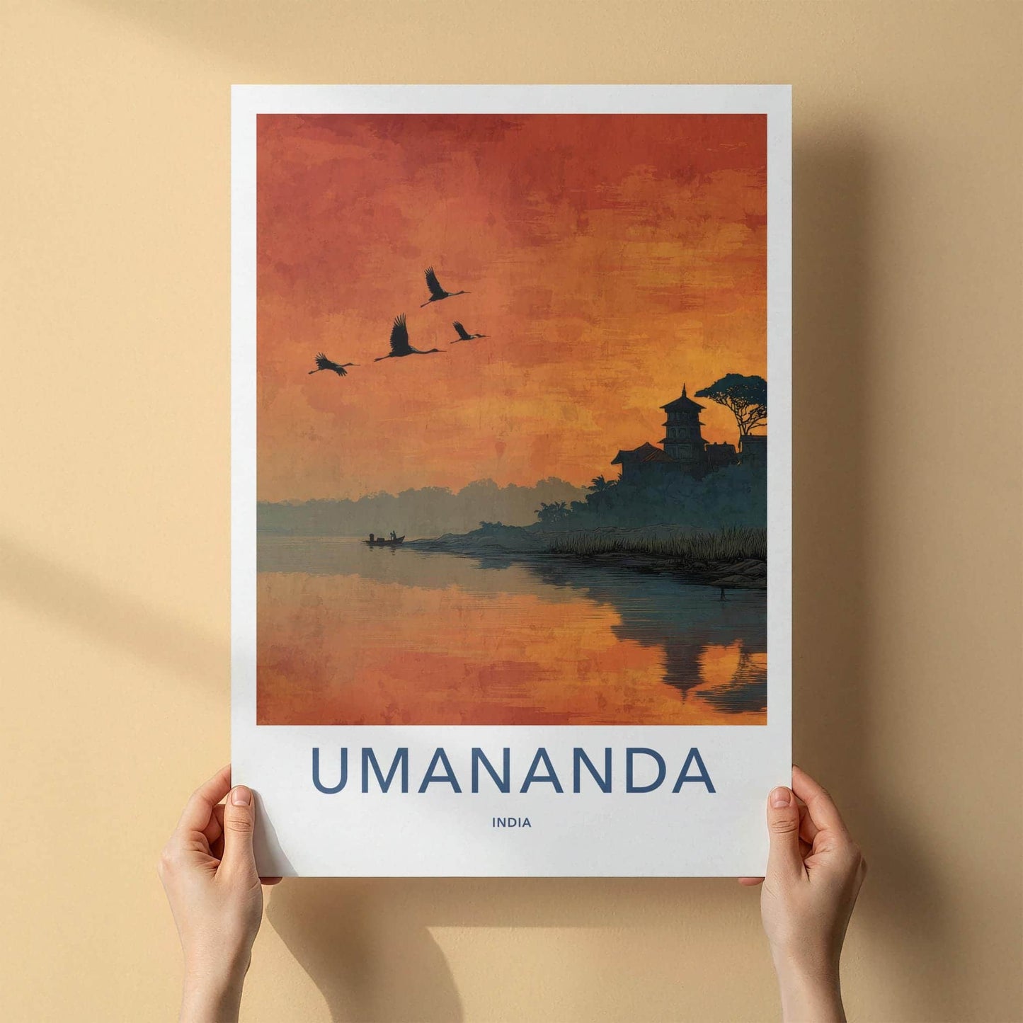 Umananda Poster - India Travel Art - Assam Sunset River Temple Home Decor