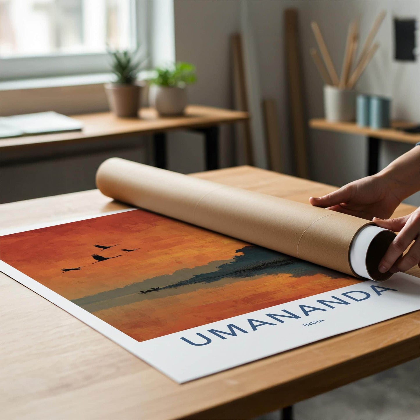 Umananda Poster - India Travel Art - Assam Sunset River Temple Home Decor