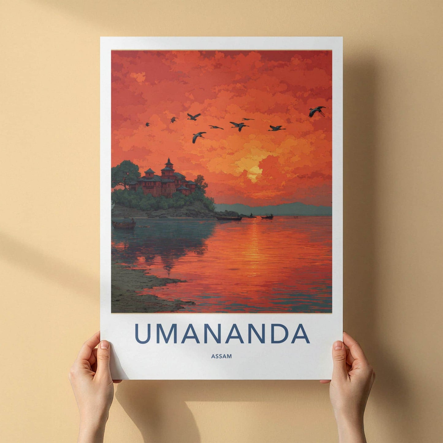 Umananda Poster - India Travel Art - Assam Vibrant Island Sunset Home Decor