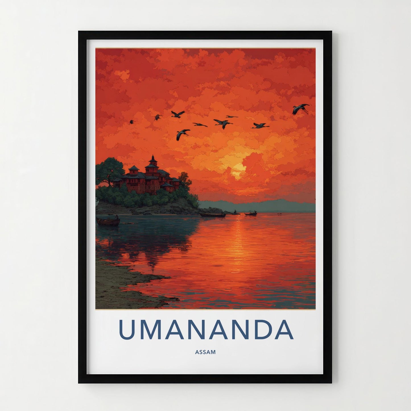 Umananda Poster - India Travel Art - Assam Vibrant Island Sunset Home Decor