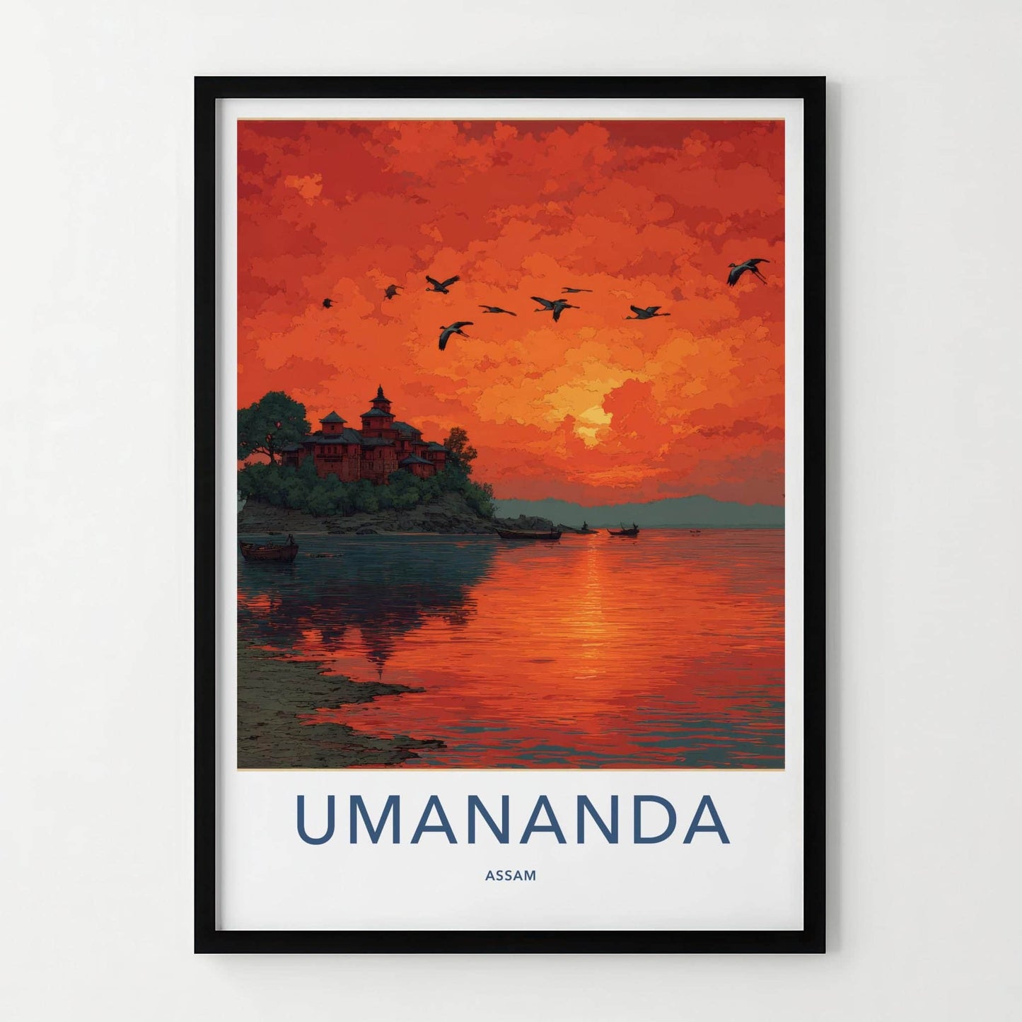 Umananda Poster - India Travel Art - Assam Vibrant Island Sunset Home Decor