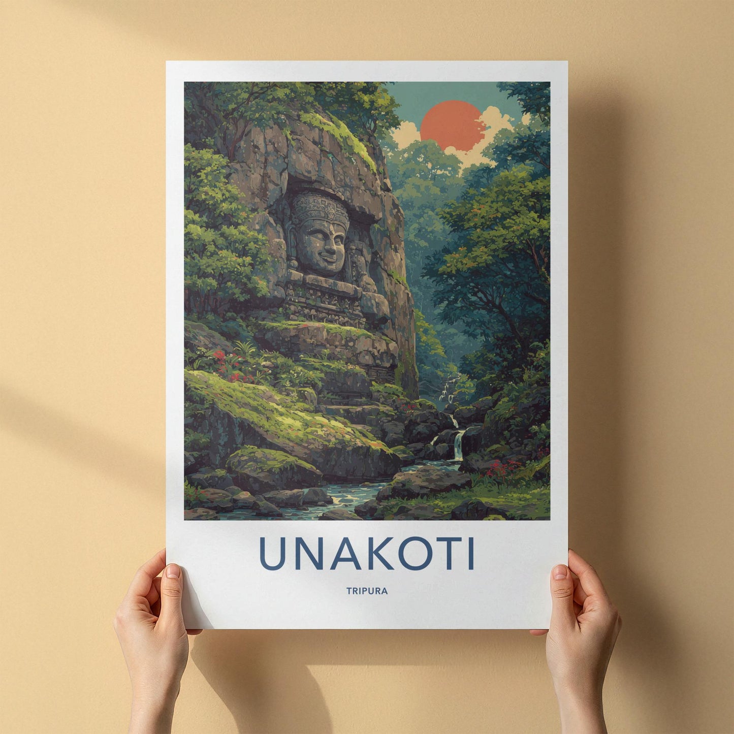 Unakoti Poster - India Travel Art - Tripura Stone Face Jungle Home Decor