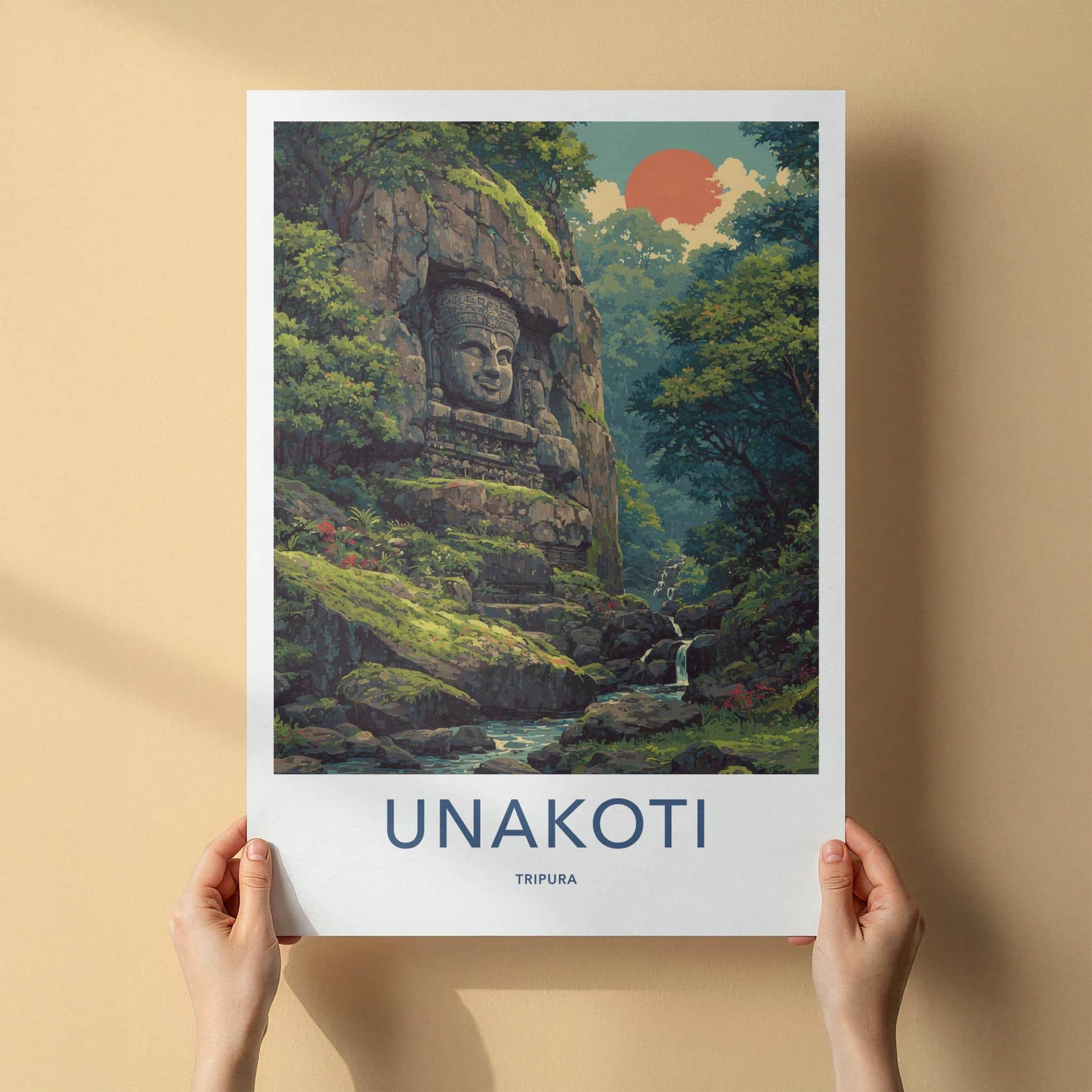 Unakoti Poster - India Travel Art - Tripura Stone Face Jungle Home Decor