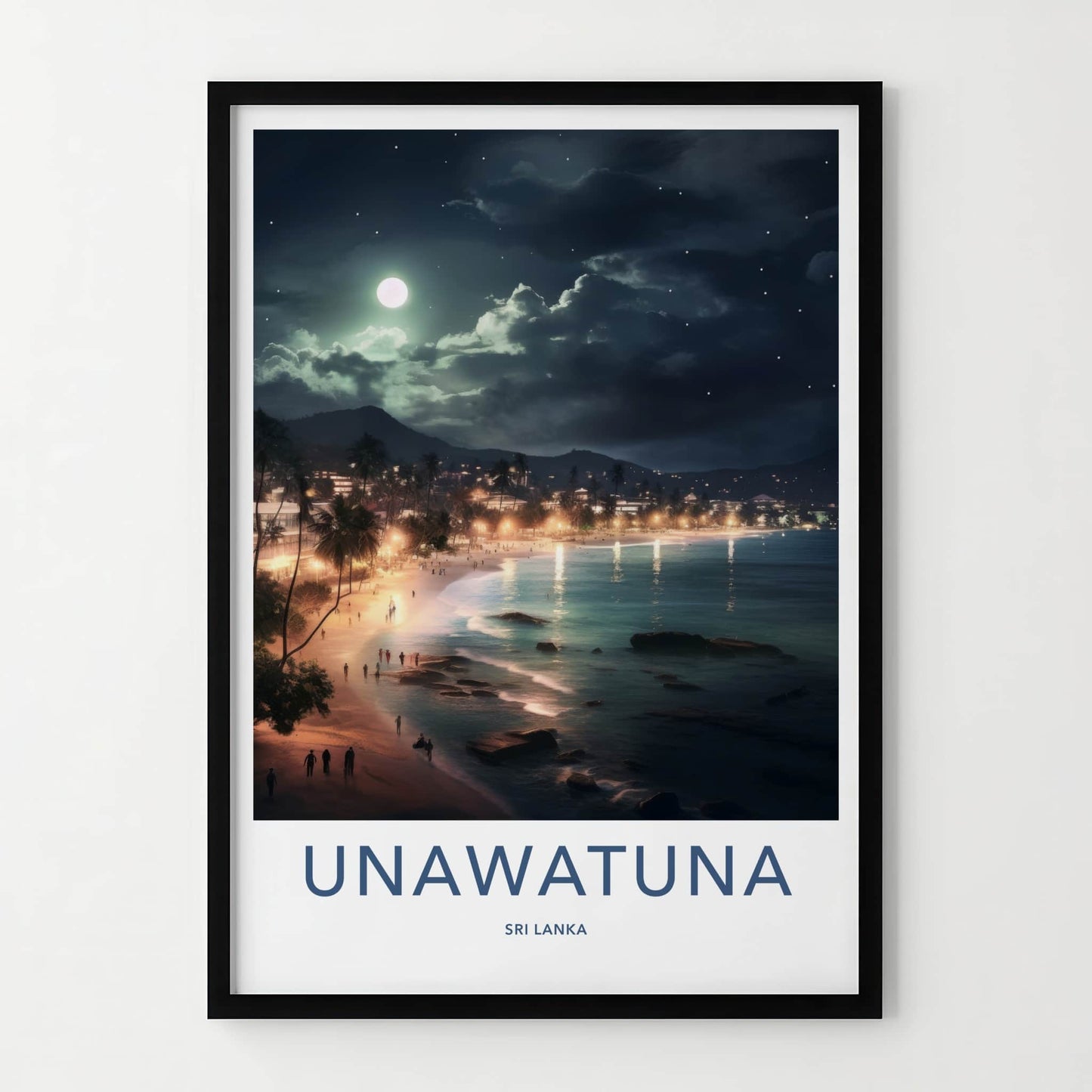 Unawatuna Poster - Sri Lanka Travel Art - Moonlit Tropical Beach Home Decor