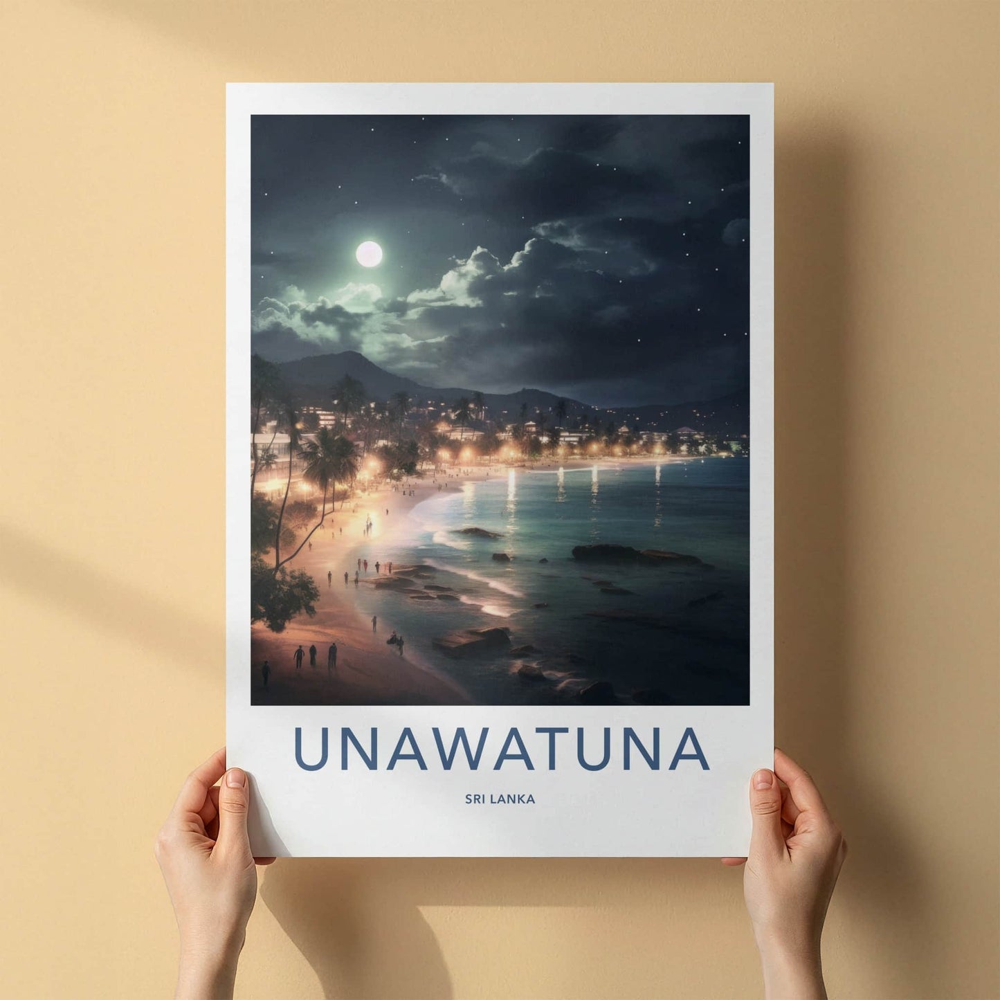 Unawatuna Poster - Sri Lanka Travel Art - Moonlit Tropical Beach Home Decor