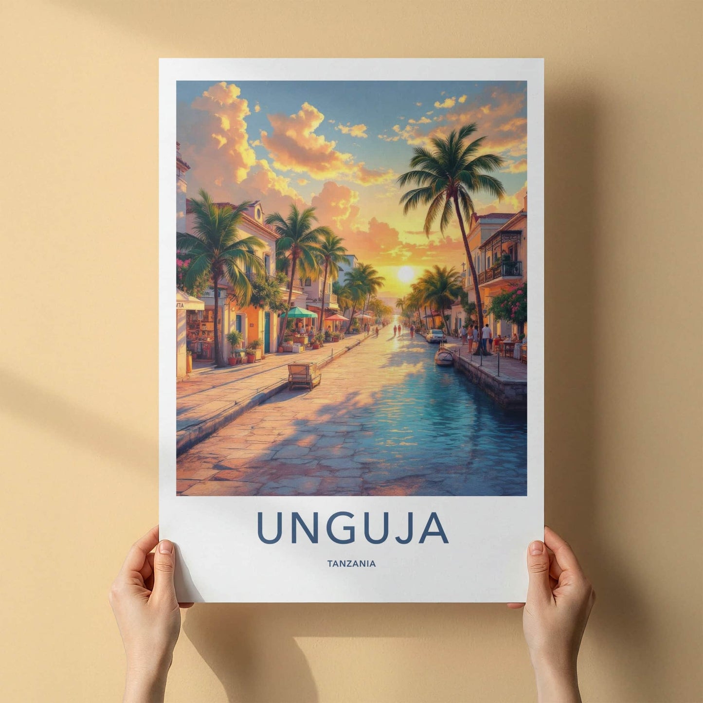 Unguja Poster - Tanzania Travel Art - Tropical Street Sunset Home Decor