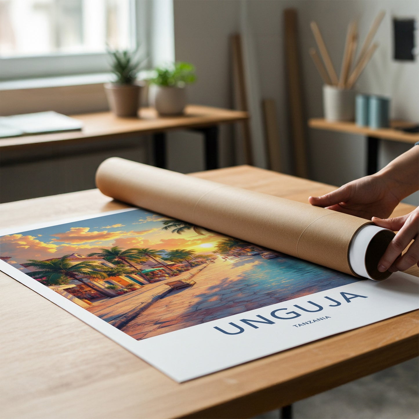 Unguja Poster - Tanzania Travel Art - Tropical Street Sunset Home Decor
