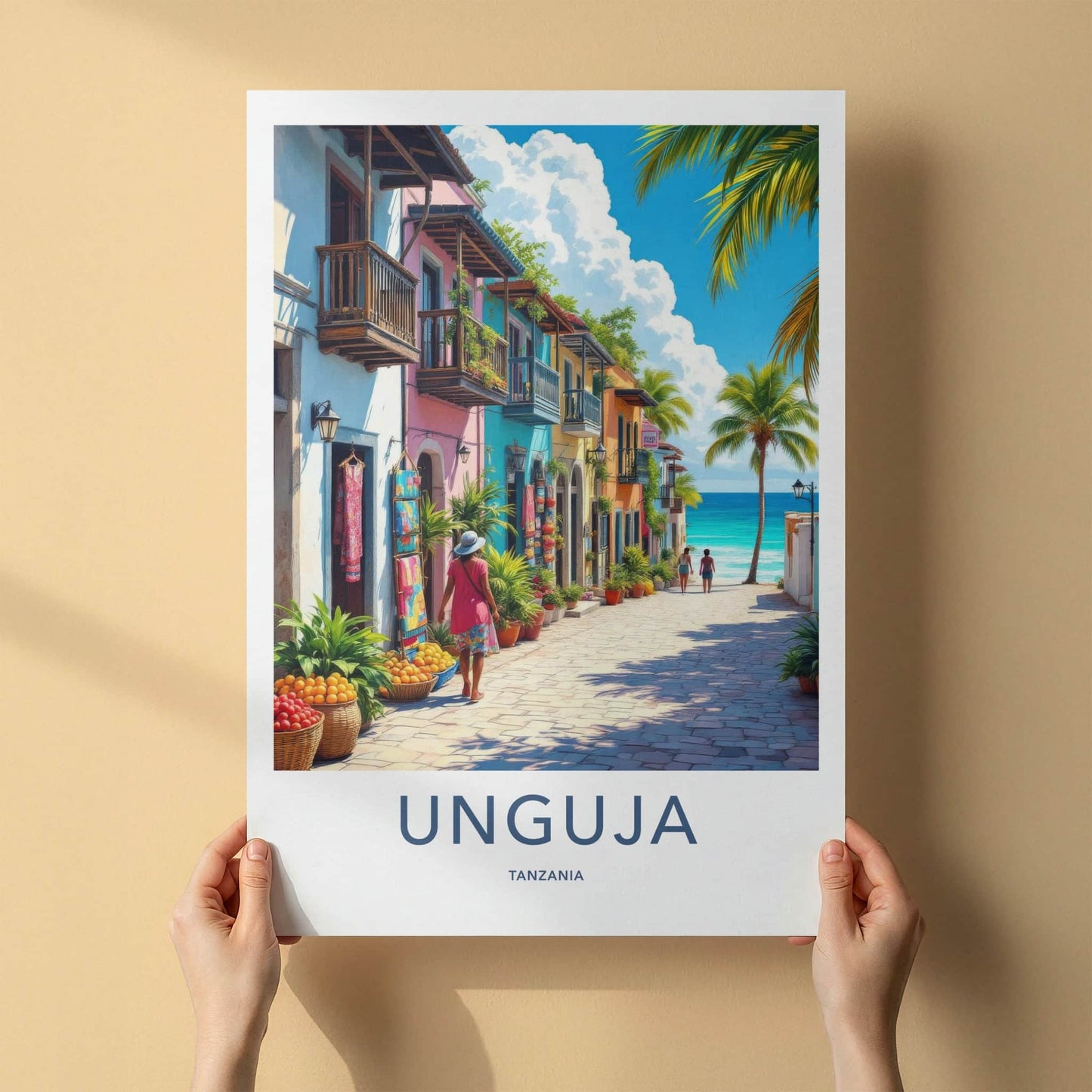 Unguja Poster - Tanzania Travel Art - Vibrant Coastal Village Home Decor