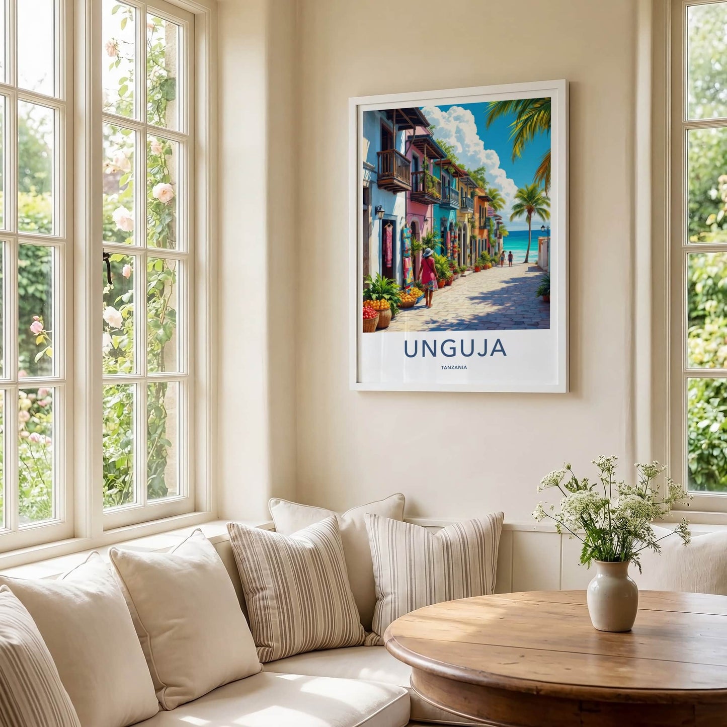 Unguja Poster - Tanzania Travel Art - Vibrant Coastal Village Home Decor