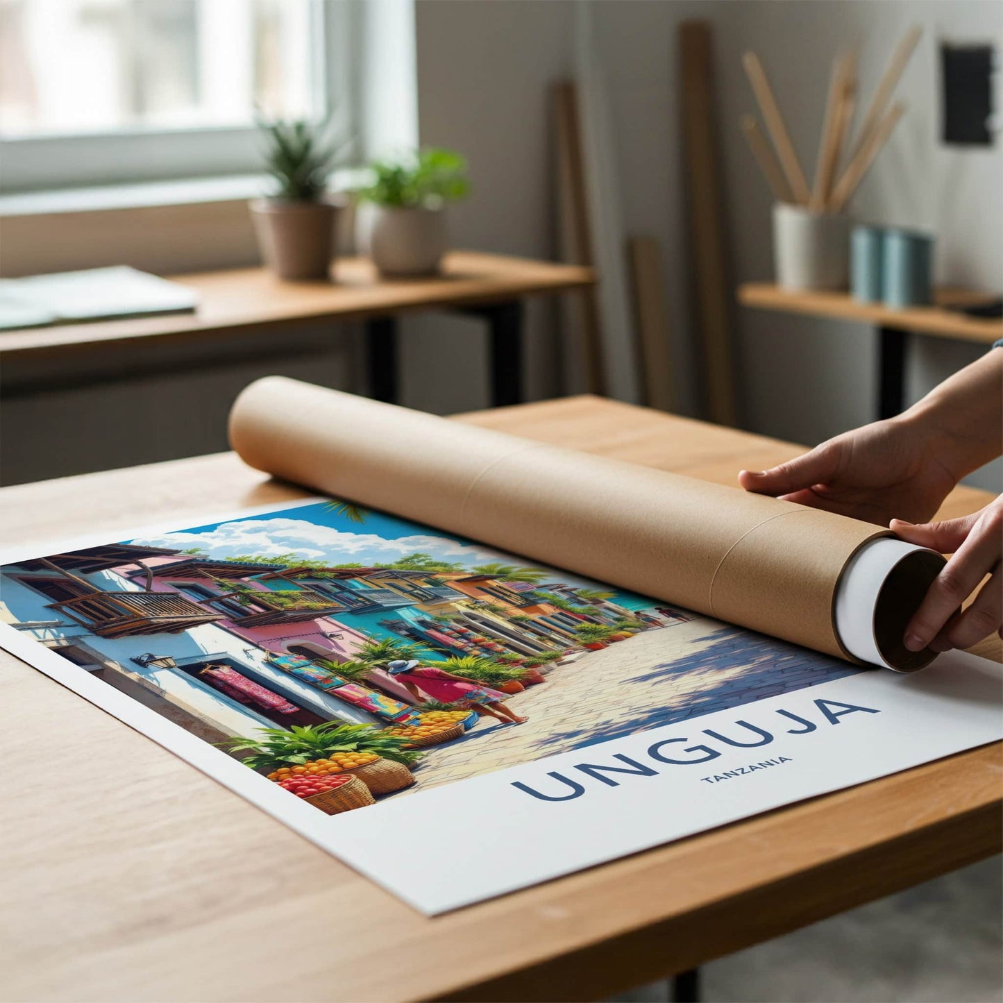 Unguja Poster - Tanzania Travel Art - Vibrant Coastal Village Home Decor