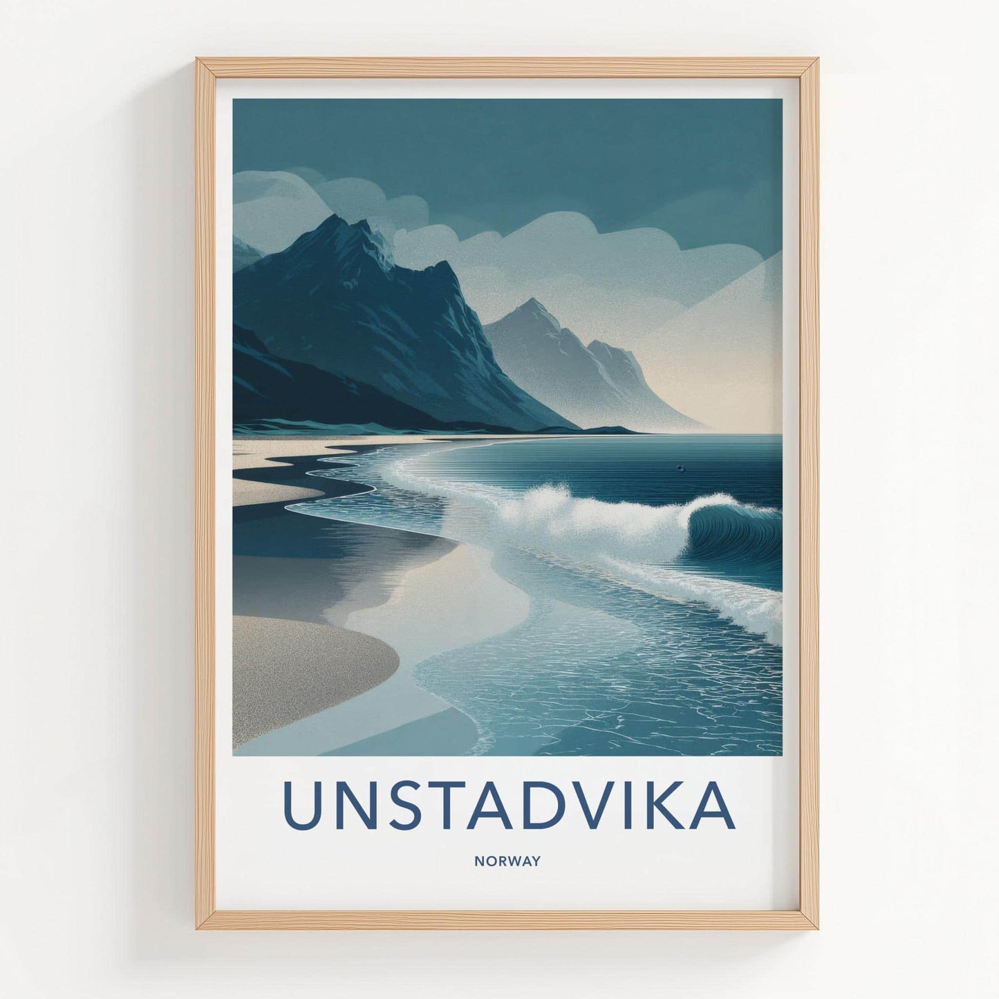 Unstadika Poster - Norway Travel Art - Mountain Beach Waves Home Decor