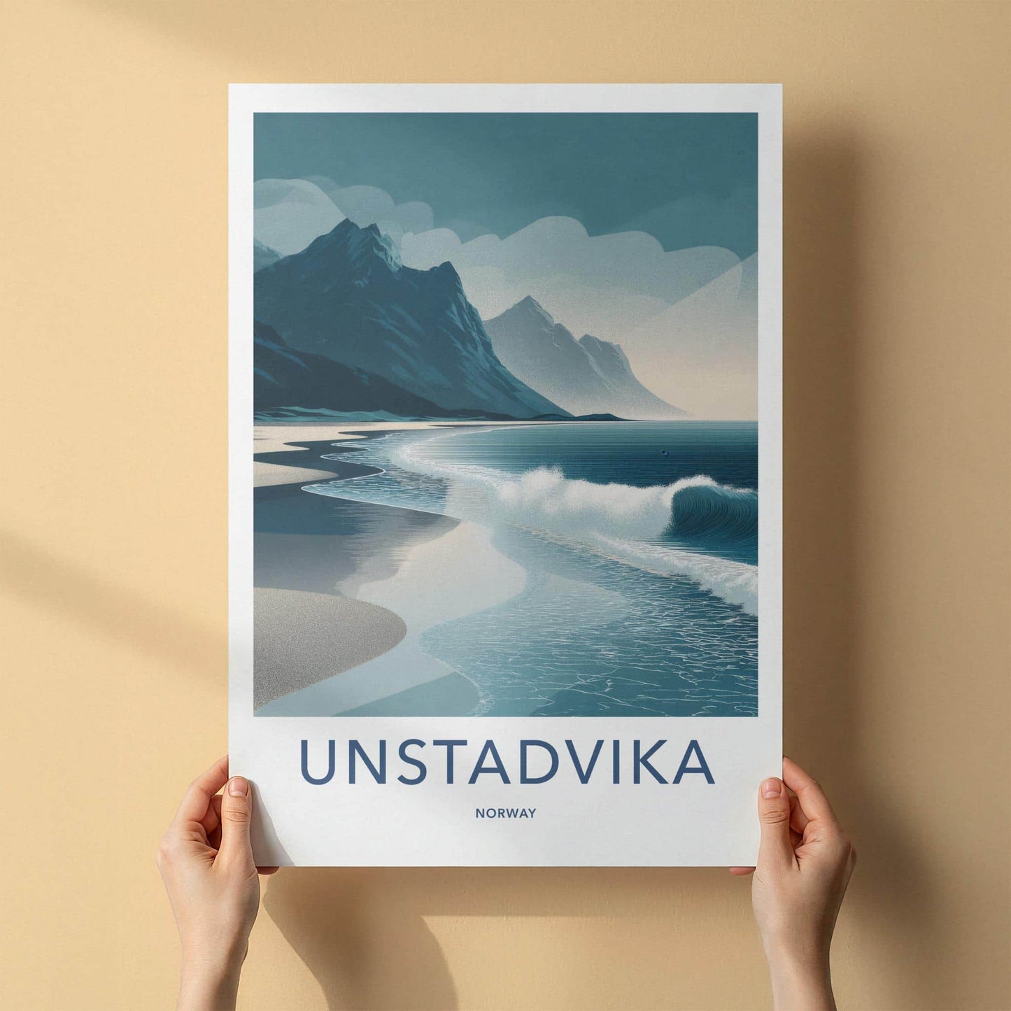 Unstadika Poster - Norway Travel Art - Mountain Beach Waves Home Decor