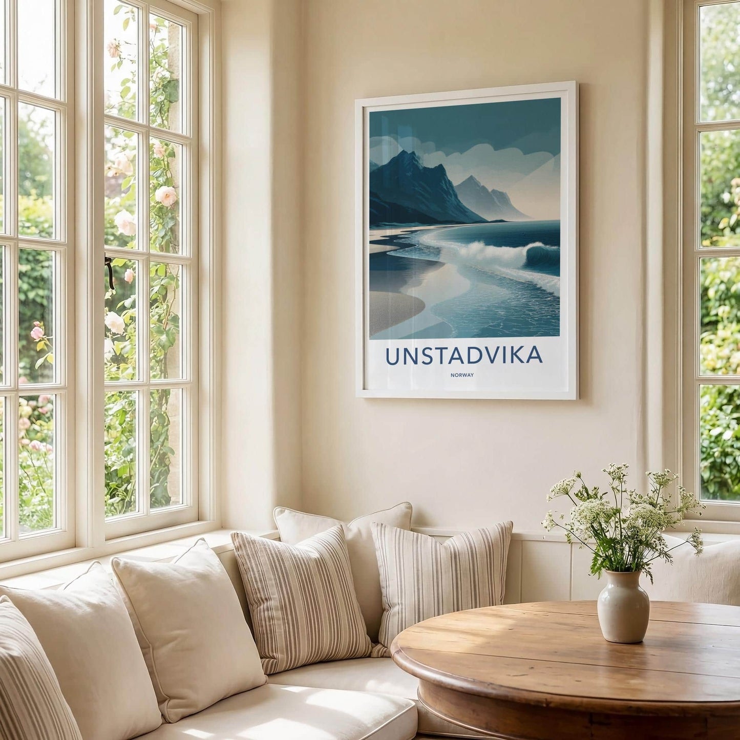 Unstadika Poster - Norway Travel Art - Mountain Beach Waves Home Decor