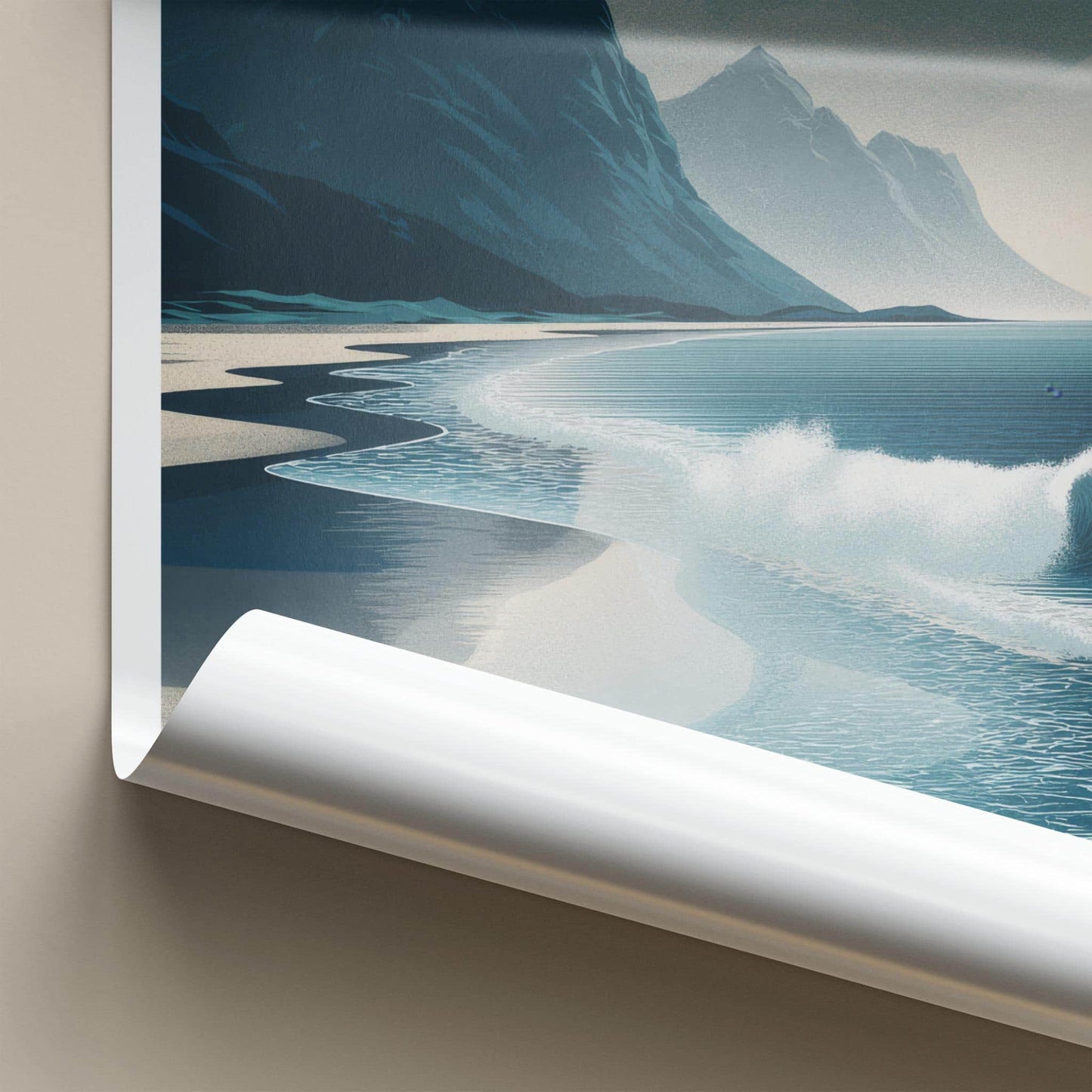 Unstadika Poster - Norway Travel Art - Mountain Beach Waves Home Decor