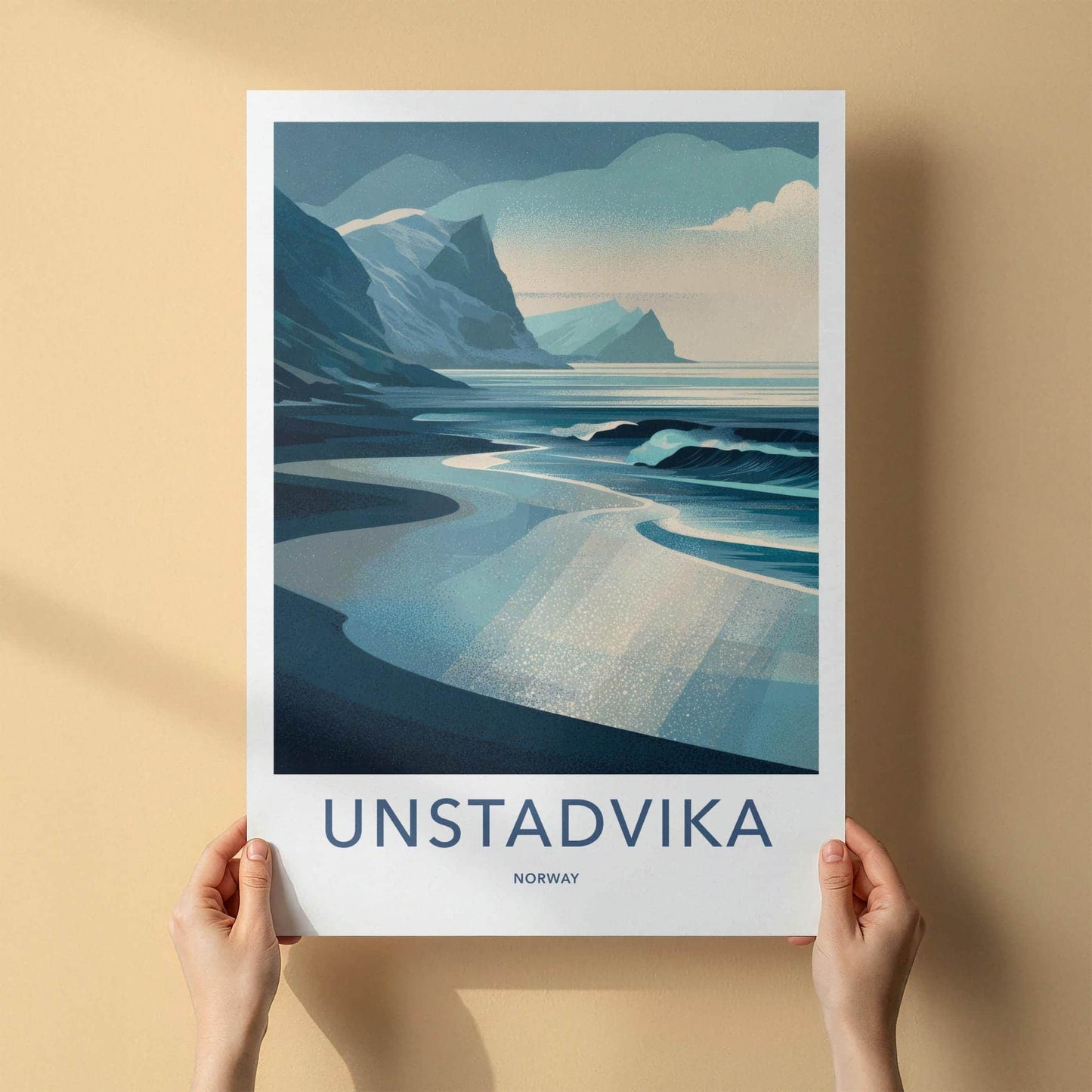 Unstadvika Poster - Norway Travel Art - Coastal Mountain Scene Home Decor