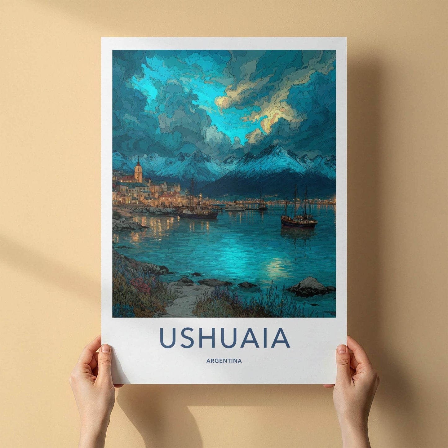 Ushuaia Poster - Argentina Travel Art - Dramatic Sky Harbour Wall Decor