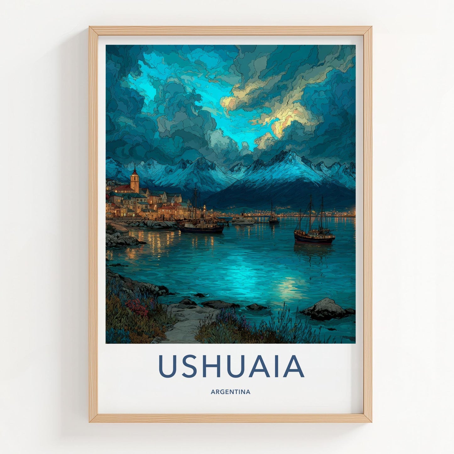 Ushuaia Poster - Argentina Travel Art - Dramatic Sky Harbour Wall Decor