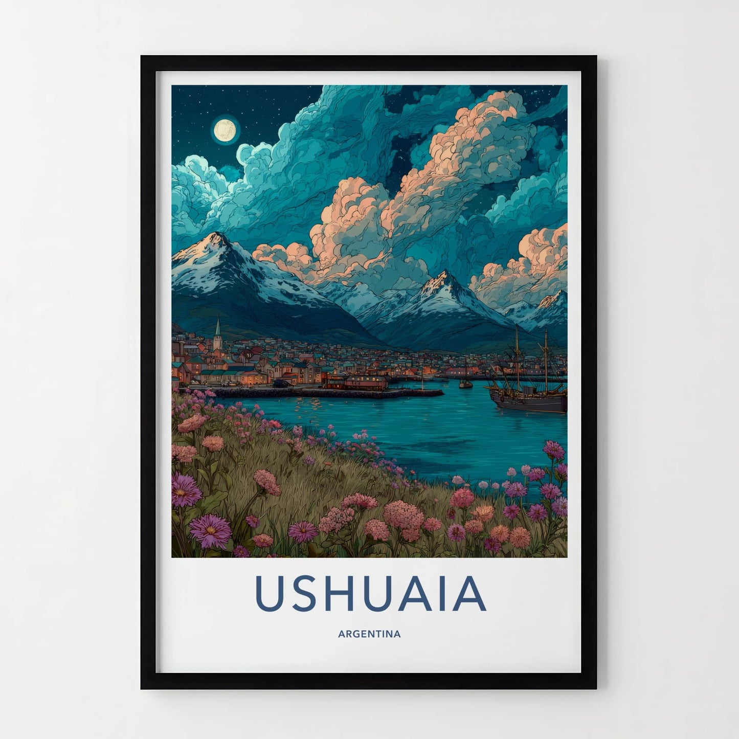 Ushuaia Poster - Argentina Travel Art - Moonlit Mountain Town Home Decor
