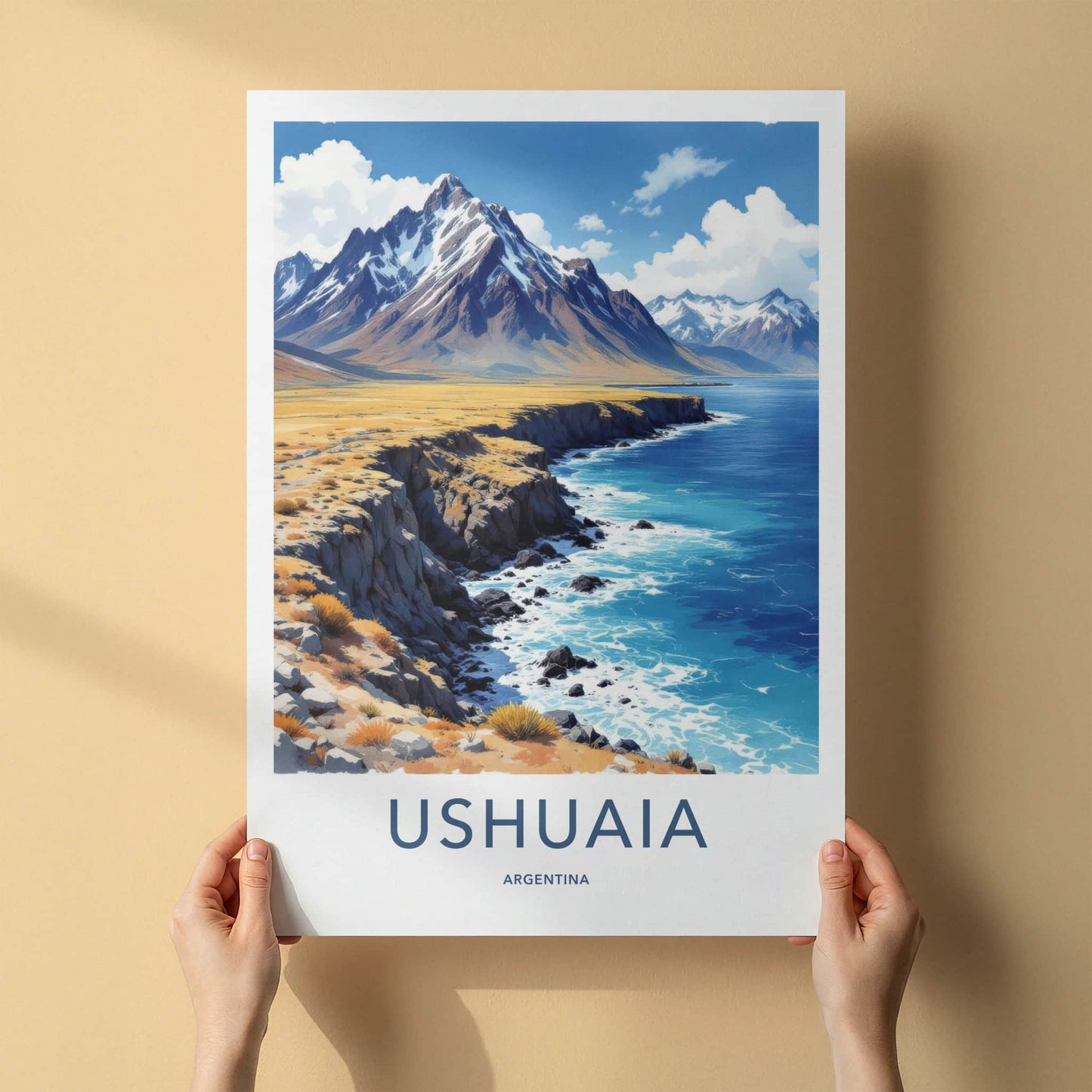 Ushuaia Poster - Argentina Travel Art - Mountain Ocean Coast Home Decor