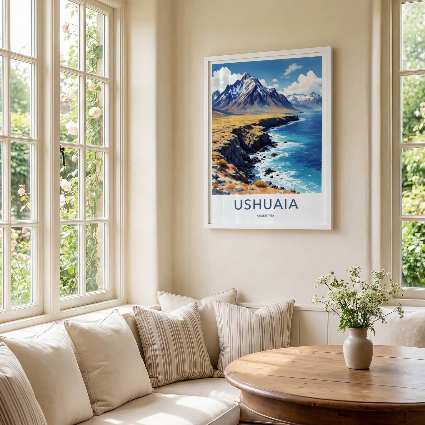 Ushuaia Poster - Argentina Travel Art - Mountain Ocean Coast Home Decor