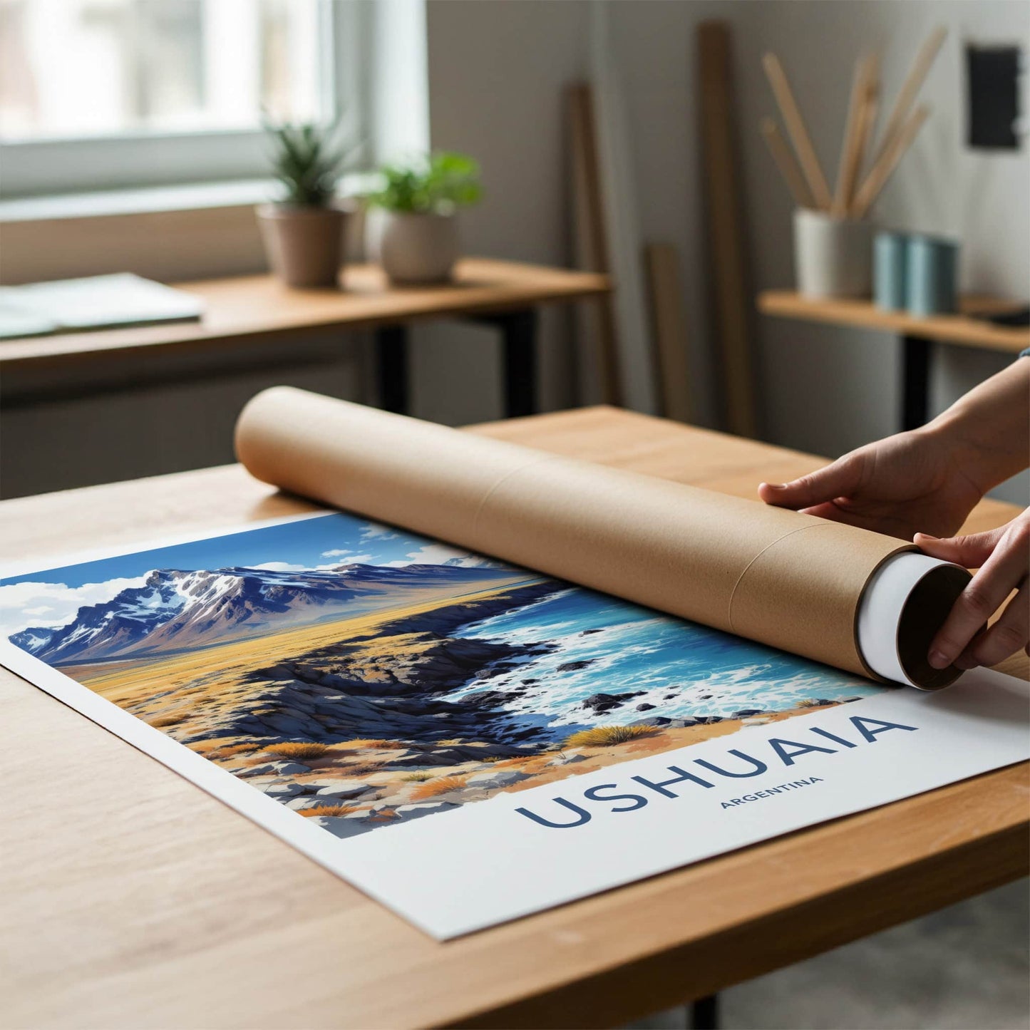 Ushuaia Poster - Argentina Travel Art - Mountain Ocean Coast Home Decor