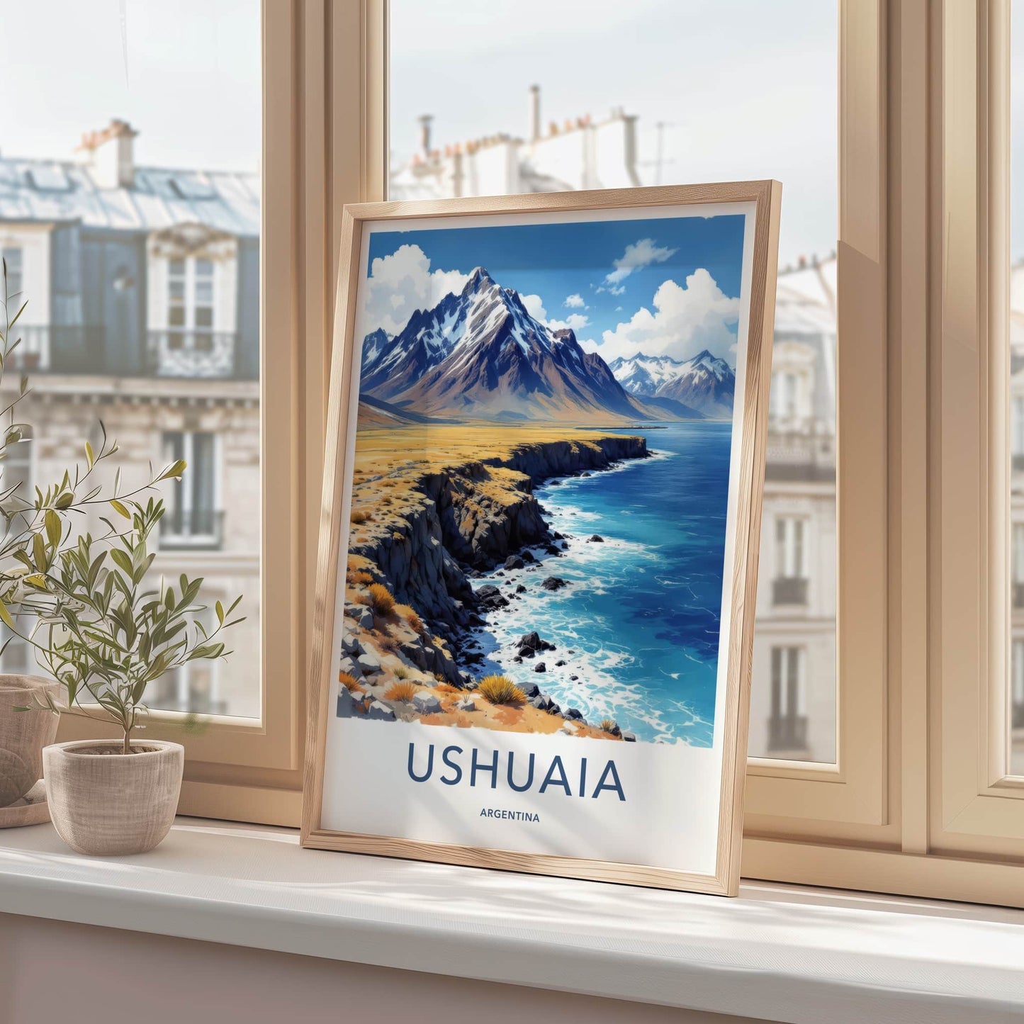 Ushuaia Poster - Argentina Travel Art - Mountain Ocean Coast Home Decor