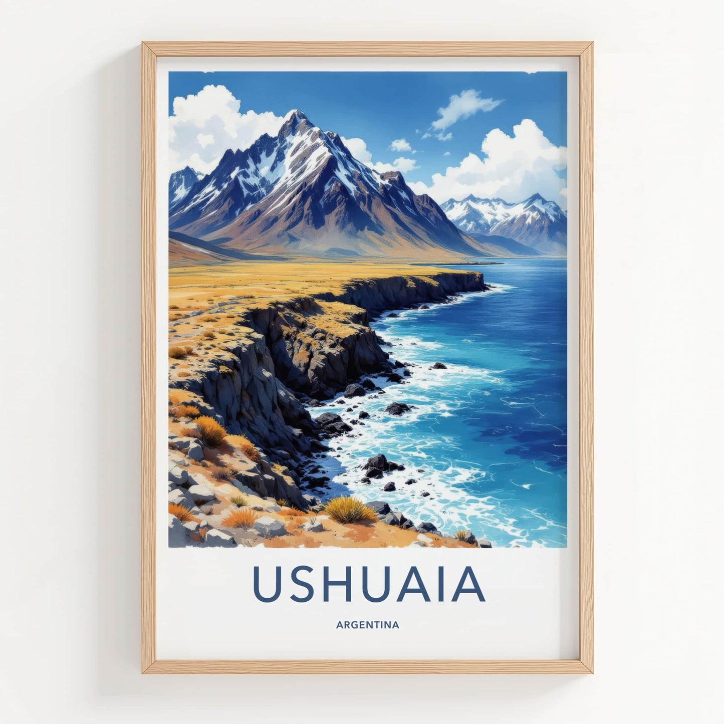 Ushuaia Poster - Argentina Travel Art - Mountain Ocean Coast Home Decor