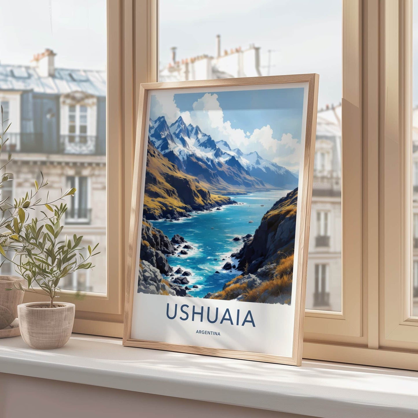 Ushuaia Poster - Argentina Travel Art - Snowy Mountain Bay Wall Decor