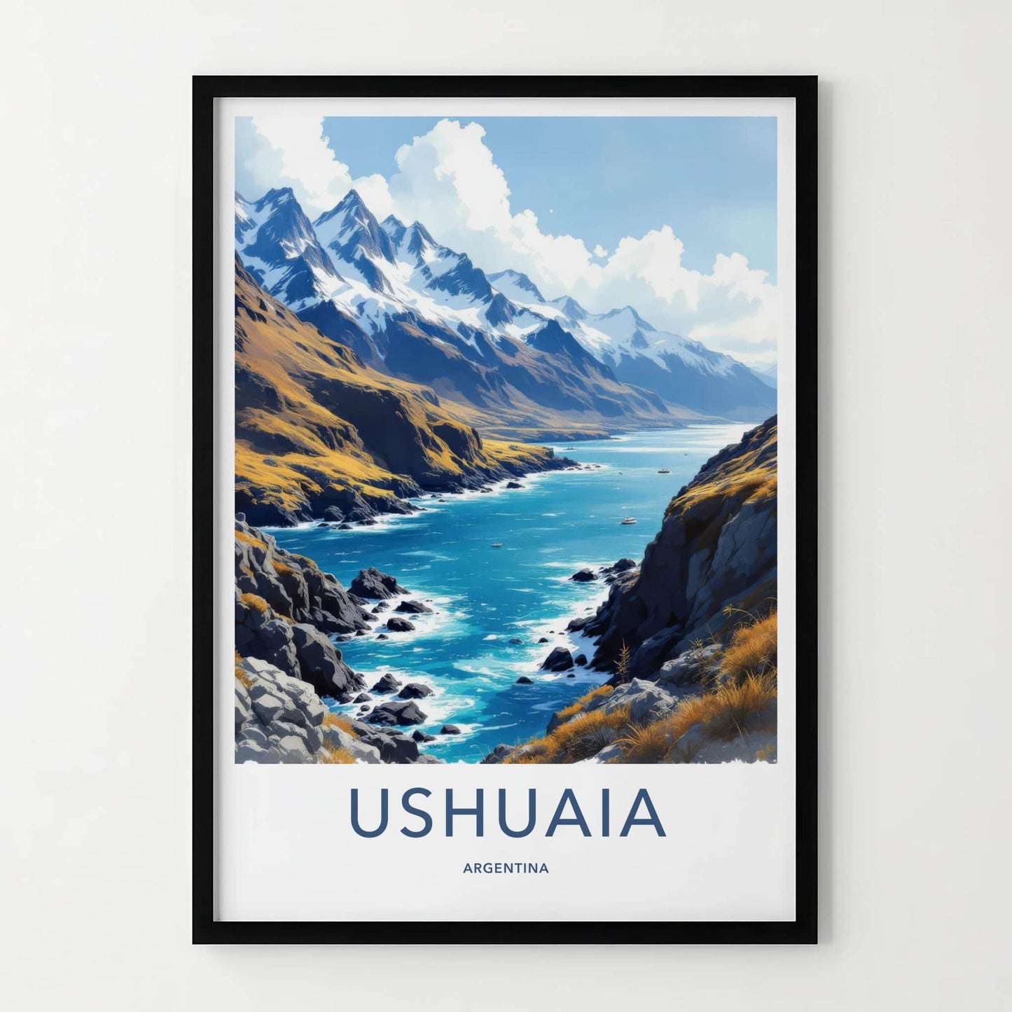 Ushuaia Poster - Argentina Travel Art - Snowy Mountain Bay Wall Decor