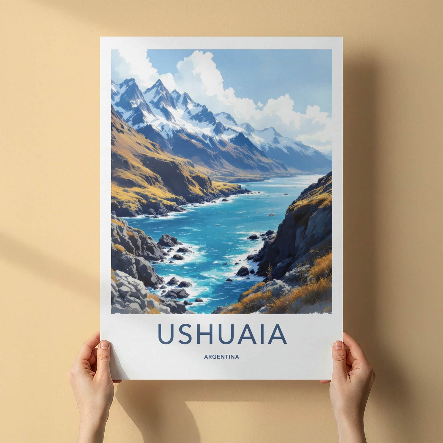 Ushuaia Poster - Argentina Travel Art - Snowy Mountain Bay Wall Decor