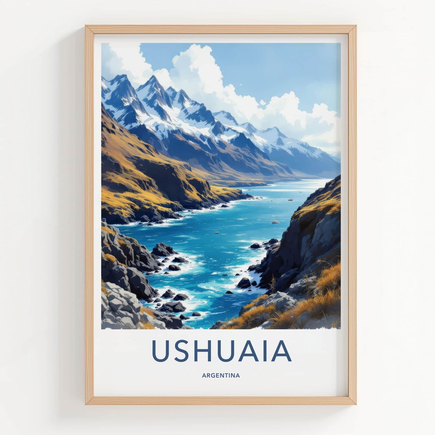 Ushuaia Poster - Argentina Travel Art - Snowy Mountain Bay Wall Decor